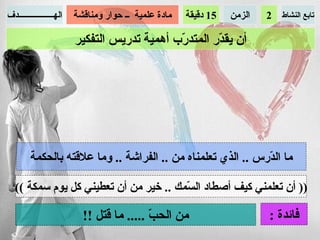 ‫الهـــــــــــــــــدف‬   ‫مادة علمية ــ حوار ومناقشة‬   ‫51 دقيقة‬   ‫الزمن‬   ‫تابع النشاط 2‬

                         ‫أن يق ّر المتد ّب أهمية تدريس التفكير‬
                                              ‫ر‬        ‫د‬




         ‫ما ال ّرس .. الذي تعلمناه من .. الفراشة .. وما علقته بالحكمة‬
                                                              ‫د‬

   ‫)) أن تعلمني كيف أصطاد ال ّمك .. خير من أن تعطيني كل يوم سمكة ((‬
                                        ‫س‬

                           ‫من الح ّ ..... ما قتل !!‬
                                           ‫ب‬                             ‫فائدة :‬
 