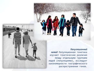 Популяционный
  метод Популяционная генетика
 изучает генетические различия
     между отдельными группами
людей (популяциями), исследует
закономерности географического
        распространения генов.
 