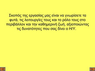 Σκοπός της εργασίας μας είναι να γνωρίσετε τα
 φυτά, τις λειτουργίες τους και το ρόλο τους στο
περιβάλλον και την καθημερινή ζωή, αξιοποιώντας
      τις δυνατότητες που σας δίνει ο Η/Υ.
 