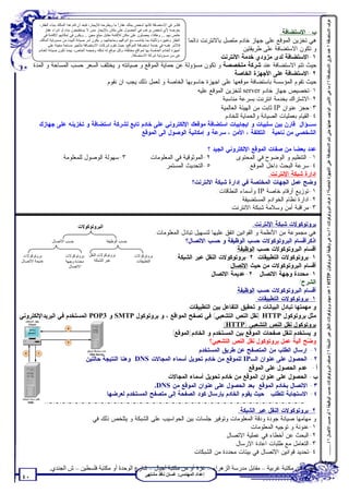 ‫ﻋﺮف اﻻﺳﺘﻀﺎﻓﺔ ؟ ﻋﺪد ﻃﺮق اﻻﺳﺘﻀﺎﻓﺔ ؟ / ﻣﺎ ھﻲ اﻷﻣﻮر اﻟﻮاﺟﺐ ﻋﻤﻠﮭﺎ ﺣﺘﻰ ﺗﺘﻢ اﻻﺳﺘﻀﺎﻓﺔ ﻋﻠﻰ اﻷﺟﮭﺰة اﻟﺨﺎﺻﺔ؟ / ﻋﺮف اﻟﺒﺮوﺗﻮﻛﻮﻻت ؟ / ﻣﺎ ھﻲ وﻇﯿﻔﺔ اﻟﺒﺮوﺗﻮﻛﻮل ‪ HTTP‬؟ ﻋﺪد ﻣﮭﺎم ﺑﺮوﺗﻮﻛﻮﻻت اﻟﻨﻘﻞ ﻋﺒﺮ اﻟﺸﺒﻜﺔ ؟ / ﺻﻨﻒ اﻟﺒﺮوﺗﻮﻛﻮﻻت ﺣﺴﺐ اﻟﻮﻇﯿﻔﺔ ؟ ﺛﻢ ﺣﺴﺐ اﻻﺗﺼﺎل ؟ / ........‬
          ‫ﻓﻜّـﺮ ﻓﻲ اﻻﺳﺘﻀﺎﻓﺔ ﻛﺄﻧﮭﺎ ﺷﺨﺺ ﯾﻤﻠﻚ ﻋﻘﺎرً ﻣﺎ وﯾﻄﺮﺣﮫ ﻟﻺﯾﺠﺎر، ﻓﺒﻌﺪ أن ﻗﺎم ھﺬا اﻟﻤﺎﻟﻚ ﺑﺒﻨﺎء اﻟﻌﻘﺎر،‬
                                                                 ‫ا‬                                     ‫ـ‬
              ‫ﯾﻌﺮﺿﮫ ﻷي ﺷﺨﺺ ﯾﺮﻏﺐ ﻓﻲ اﻟﺤﺼﻮل ﻋﻠﻰ ﻣﻜﺎن ﺑﺎﻹﯾﺠﺎر ﻣﻤﻦ ﻻ ﯾﺴﺘﻄﯿﻌﻮن ﺑﻨﺎء أو ﺷﺮاء ﻋﻘﺎر‬
             ‫ﺧﺎص ﺑﮭﻢ ... وھﻜﺬا، ﯾﺤﺼﻠﻮن ﻋﻠﻰ ﻣﻜﺎن ﻟﻺﻗﺎﻣﺔ ﻣﻘﺎﺑﻞ ﻣﺒﻠﻎ ﻣﻌﯿﻦ .. وﯾﻜﻮن ﻓﻲ إﻣﻜﺎﻧﮭﻢ اﻹﻗﺎﻣﺔ ﻓﻲ‬
                                                                                                             ‫ﺏ- ﺍﻻﺴﺘﻀﺎﻓﺔ:‬
                                                                   ‫ﻫﻲ ﺘﺨﺯﻴﻥ ﺍﻟﻤﻭﻗﻊ ﻋﻠﻰ ﺠﻬﺎﺯ ﺨﺎﺩﻡ ﻤﺘﺼل ﺒﺎﻻﻨﺘﺭﻨﺕ ﺩﺍﺌﻤﺎ.‬
          ‫اﻟﻌﻘﺎر وﺗﻐﯿﯿﺮه وﺗﺄﺛﯿﺜﮫ ﺑﻤﺎ ﯾﺘﻨﺎﺳﺐ ﻣﻊ أذواﻗﮭﻢ وﺣﺎﺟﺎﺗﮭﻢ، و ﯾﻜﻮن أﻣﺮ ﺻﯿﺎﻧﺔ اﻟﺒﯿﺖ ﻣﻦ ﻣﺴﺆوﻟﯿﺔ اﻟﻤﺎﻟﻚ.‬
                 ‫ﻓﺎﻷﻣﺮ ﻧﻔﺴﮫ ﻓﻲ ﺧﺪﻣﺔ اﺳﺘﻀﺎﻓﺔ اﻟﻤﻮاﻗﻊ، ﺣﯿﺚ ﺗﻘﻮم ﺷﺮﻛﺎت اﻻﺳﺘﻀﺎﻓﺔ ﺑﺘﺄﺟﯿﺮ ﻣﺴﺎﺣﺔ ﻣﻌﯿﻨﺔ ﻋﻠﻰ‬
                                                                                            ‫ﻭ ﺘﻜﻭﻥ ﺍﻻﺴﺘﻀﺎﻓﺔ ﻋﻠﻰ ﻁﺭﻴﻘﺘﻴﻥ:‬
          ‫أﺟﮭﺰة اﻟﺨﺎدم اﻟﺨﺎﺻﺔ ﺑﮭﺎ ﻟﻤﻮاﻗﻊ ﻣﺨﺘﻠﻔﺔ، وﻛﻞ ﻣﻮﻗﻊ ﻟﮫ ﺷﻜﻠﮫ وﺣﺠﻤﮫ اﻟﺨﺎص، ﺑﯿﻨﻤﺎ ﺗﻜﻮن ﺻﯿﺎﻧﺔ اﻟﺨﺎدم‬
                                                                          ‫ھﻲ ﻣﻦ ﻣﺴﺆوﻟﯿﺔ ﺷﺮﻛﺔ اﻻﺳﺘﻀﺎﻓﺔ.‬
                                                                                 ‫١-ﺍﻻﺴﺘﻀﺎﻓﺔ ﻟﺩﻯ ﻤﺯﻭﺩﻱ ﺨﺩﻤﺔ ﺍﻻﻨﺘﺭﻨﺕ:‬
       ‫ﺤﻴﺙ ﺘﺘﻡ ﺍﻻﺴﺘﻀﺎﻓﺔ ﻋﻨﺩ ﺸﺭﻜﺔ ﻤﺘﺨﺼﺼﺔ ﻭ ﺘﻜﻭﻥ ﻤﺴﺅﻭﻟﺔ ﻋﻥ ﺤﻤﺎﻴﺔ ﺍﻟﻤﻭﻗﻊ ﻭ ﺼﻴﺎﻨﺘﻪ ﻭ ﻴﺨﺘﻠﻑ ﺍﻟﺴﻌﺭ ﺤﺴﺏ ﺍﻟﻤﺴﺎﺤﺔ ﻭ ﺍﻟﻤﺩﺓ.‬
                                                                                        ‫٢-ﺍﻻﺴﺘﻀﺎﻓﺔ ﻋﻠﻰ ﺍﻷﺠﻬﺯﺓ ﺍﻟﺨﺎﺼﺔ:‬
                                   ‫ﺤﻴﺙ ﺘﻘﻭﻡ ﺍﻟﻤﺅﺴﺴﺔ ﺒﺎﺴﺘﻀﺎﻓﺔ ﻤﻭﻗﻌﻬﺎ ﻋﻠﻰ ﺍﺠﻬﺯﺓ ﺤﺎﺴﻭﺒﻬﺎ ﺍﻟﺨﺎﺼﺔ ﻭ ﻟﻌﻤل ﺫﻟﻙ ﻴﺠﺏ ﺍﻥ ﻨﻘﻭﻡ:‬
                                                                        ‫١-ﺘﺨﺼﻴﺹ ﺠﻬﺎﺯ ﺨﺎﺩﻡ ‪ server‬ﻟﺘﺨﺯﻴﻥ ﺍﻟﻤﻭﻗﻊ ﻋﻠﻴﻪ.‬
                                                                                  ‫٢-ﺍﻻﺸﺘﺭﺍﻙ ﺒﺨﺩﻤﺔ ﺍﻨﺘﺭﻨﺕ ﺒﺴﺭﻋﺔ ﻤﻨﺎﺴﺒﺔ.‬
                                                                                 ‫٣-ﺤﺠﺯ ﻋﻨﻭﺍﻥ ‪ IP‬ﺜﺎﺒﺕ ﻤﻥ ﺍﻟﻬﻴﺌﺔ ﺍﻟﻌﺎﻟﻤﻴﺔ.‬
                                                                                    ‫٤-ﺍﻟﻘﻴﺎﻡ ﺒﻌﻤﻠﻴﺎﺕ ﺍﻟﺼﻴﺎﻨﺔ ﻭﺍﻟﺤﻤﺎﻴﺔ ﻟﻠﺨﺎﺩﻡ.‬
          ‫ﺴـﺅﺍل: ﻗﺎﺭﻥ ﺒﻴﻥ ﺴﻠﺒﻴﺎﺕ ﻭ ﺍﻴﺠﺎﺒﻴﺎﺕ ﺍﺴﺘﻀﺎﻓﺔ ﻤﻭﻗﻌﻙ ﺍﻹﻟﻜﺘﺭﻭﻨﻲ ﻋﻠﻰ ﺨﺎﺩﻡ ﺘﺎﺒﻊ ﻟﺸﺭﻜﺔ ﺍﺴﺘﻀﺎﻓﺔ ﻭ ﺘﺨﺯﻴﻨﻪ ﻋﻠﻰ ﺠﻬﺎﺯﻙ‬
                                                 ‫ﺍﻟﺸﺨﺼﻲ ﻤﻥ ﻨﺎﺤﻴﺔ : ﺍﻟﺘﻜﻠﻔﺔ ، ﺍﻷﻤﻥ ، ﺴﺭﻋﺔ ﻭ ﺇﻤﻜﺎﻨﻴﺔ ﺍﻟﻭﺼﻭل ﺍﻟﻰ ﺍﻟﻤﻭﻗﻊ.‬

                                                                                                            ‫ﻋﺩﺩ ﺒﻌﻀﺎ ﻤﻥ ﺼﻔﺎﺕ ﺍﻟﻤﻭﻗﻊ ﺍﻹﻟﻜﺘﺭﻭﻨﻲ ﺍﻟﺠﻴﺩ ؟‬
                         ‫٣-ﺴﻬﻭﻟﺔ ﺍﻟﻭﺼﻭل ﻟﻠﻤﻌﻠﻭﻤﺔ.‬                                   ‫٢-ﺍﻟﻤﻭﺜﻭﻗﻴﺔ ﻓﻲ ﺍﻟﻤﻌﻠﻭﻤﺎﺕ.‬          ‫١- ﺍﻟﺘﻨﻅﻴﻡ ﻭ ﺍﻟﻭﻀﻭﺡ ﻓﻲ ﺍﻟﻤﺤﺘﻭﻯ.‬
                                                                                         ‫٥-ﺍﻟﺘﺤﺩﻴﺙ ﺍﻟﻤﺴﺘﻤﺭ.‬                   ‫٤-ﺴﺭﻋﺔ ﺍﻟﺒﺤﺙ ﺩﺍﺨل ﺍﻟﻤﻭﻗﻊ.‬
                                                                                                                                       ‫ﺇﺩﺍﺭﺓ ﺸﺒﻜﺔ ﺍﻹﻨﺘﺭﻨﺕ:‬
                                                                                                      ‫ﻭﻀﺢ ﻋﻤل ﺍﻟﺠﻬﺎﺕ ﺍﻟﻤﺨﺘﺼﺔ ﻓﻲ ﺇﺩﺍﺭﺓ ﺸﺒﻜﺔ ﺍﻻﻨﺘﺭﻨﺕ؟‬
                                                                                                                ‫١-ﺘﻭﺯﻴﻊ ﺃﺭﻗﺎﻡ ﺨﺎﺼﺔ ‪ IP‬ﻭﺃﺴﻤﺎﺀ ﺍﻟﻨﻁﺎﻗﺎﺕ.‬
                                                                                                                          ‫٢-ﺍﺩﺍﺭﺓ ﻨﻅﺎﻡ ﺍﻟﺨﻭﺍﺩﻡ ﺍﻟﻤﺴﺘﻀﻴﻔﺔ.‬
                                                                                                                     ‫٣-ﻤﺭﺍﻗﺒﺔ ﺃﻤﻥ ﻭﺴﻼﻤﺔ ﺸﺒﻜﺔ ﺍﻻﻨﺘﺭﻨﺕ.‬

                                    ‫اﻟﺒﺮوﺗﻮﻛﻮﻻت‬                                                              ‫ﺒﺭﻭﺘﻭﻜﻭﻻﺕ ﺸﺒﻜﺔ ﺍﻹﻨﺘﺭﻨﺕ:‬
                                                                  ‫ﻫﻲ ﻤﺠﻤﻭﻋﺔ ﻤﻥ ﺍﻷﻨﻅﻤﺔ ﻭ ﺍﻟﻘﻭﺍﻨﻴﻥ ﺍﺘﻔﻕ ﻋﻠﻴﻬﺎ ﻟﺘﺴﻬﻴل ﺘﺒﺎﺩل ﺍﻟﻤﻌﻠﻭﻤﺎﺕ.‬
              ‫ﺣﺴﺐ اﻻﺗﺼﺎل‬                   ‫ﺣﺴﺐ اﻟﻮﻇﯿﻔﺔ‬                        ‫ﺍﺫﻜﺭﺃﻗﺴﺎﻡ ﺍﻟﺒﺭﻭﺘﻭﻜﻭﻻﺕ ﺤﺴﺏ ﺍﻟﻭﻅﻴﻔﺔ ﻭ ﺤﺴﺏ ﺍﻻﺘﺼﺎل؟‬
                                                                                                     ‫ﺃﻗﺴﺎﻡ ﺍﻟﺒﺭﻭﺘﻭﻜﻭﻻﺕ ﺤﺴﺏ ﺍﻟﻭﻅﻴﻔﺔ:‬
  ‫ﺑﺮوﺗﻮﻛﻮﻻت‬          ‫ﺑﺮوﺗﻮﻛﻮﻻت اﻟﻨﻘﻞ ﺑﺮوﺗﻮﻛﻮﻻت‬         ‫ﺑﺮوﺗﻮﻛﻮﻻت‬          ‫١-ﺒﺭﻭﺘﻭﻜﻭﻻﺕ ﺍﻟﺘﻁﺒﻴﻘﺎﺕ. ٢-ﺒﺭﻭﺘﻭﻜﻭﻻﺕ ﺍﻟﻨﻘل ﻋﺒﺭ ﺍﻟﺸﺒﻜﺔ.‬
 ‫ﻋﺪﯾﻤﺔ اﻻﺗﺼﺎل‬        ‫ﻣﺤﺪدة وﺟﮭﺔ‬    ‫ﻋﺒﺮ اﻟﺸﺒﻜﺔ‬           ‫اﻟﺘﻄﺒﯿﻘﺎت‬
                       ‫اﻻﺗﺼﺎل‬                                                                     ‫ﺃﻗﺴﺎﻡ ﺍﻟﺒﺭﻭﺘﻭﻜﻭﻻﺕ ﻤﻥ ﺤﻴﺙ ﺍﻻﺘﺼﺎل:‬
                                                                                         ‫١-ﻤﺤﺩﺩﺓ ﻭﺠﻬﺔ ﺍﻻﺘﺼﺎل. ٢-ﻋﺩﻴﻤﺔ ﺍﻻﺘﺼﺎل.‬
                                                                                                                               ‫ﺍﻟﺸﺭﺡ/‬
                                                                                                     ‫ﺃﻗﺴﺎﻡ ﺍﻟﺒﺭﻭﺘﻭﻜﻭﻻﺕ ﺤﺴﺏ ﺍﻟﻭﻅﻴﻔﺔ:‬
                                                                                                              ‫١-ﺒﺭﻭﺘﻭﻜﻭﻻﺕ ﺍﻟﺘﻁﺒﻴﻘﺎﺕ:‬
                                                                               ‫ﻭ ﻤﻬﻤﺘﻬﺎ ﺘﺒﺎﺩل ﺍﻟﺒﻴﺎﻨﺎﺕ ﻭ ﺘﺤﻘﻴﻕ ﺍﻟﺘﻔﺎﻋل ﺒﻴﻥ ﺍﻟﺘﻁﺒﻴﻘﺎﺕ.‬
‫ﻤﺜل ﺒﺭﻭﺘﻭﻜﻭل ‪) HTTP‬ﻨﻘل ﺍﻟﻨﺹ ﺍﻟﺘﺸﻌﺒﻲ( ﻓﻲ ﺘﺼﻔﺢ ﺍﻟﻤﻭﺍﻗﻊ ، ﻭ ﺒﺭﻭﺘﻭﻜﻭل ‪ SMTP‬ﻭ 3‪ POP‬ﺍﻟﻤﺴﺘﺨﺩﻡ ﻓﻲ ﺍﻟﺒﺭﻴﺩﺍﻹﻟﻜﺘﺭﻭﻨﻲ.‬
                                                                                               ‫ﺒﺭﻭﺘﻭﻜﻭل ﻨﻘل ﺍﻟﻨﺹ ﺍﻟﺘﺸﻌﺒﻲ )‪:(HTTP‬‬
                                                                        ‫ﻭ ﻴﺴﺘﺨﺩﻡ ﻟﻨﻘل ﺼﻔﺤﺎﺕ ﺍﻟﻤﻭﻗﻊ ﺒﻴﻥ ﺍﻟﻤﺴﺘﺨﺩﻡ ﻭ ﺍﻟﺨﺎﺩﻡ)ﺍﻟﻤﻭﻗﻊ(.‬
                                                                                         ‫ﻭ ‪‬ﺢ ﺁﻟﻴﺔ ﻋﻤل ﺒﺭﻭﺘﻭﻜﻭل ﻨﻘل ﺍﻟﻨﺹ ﺍﻟﺘﺸﻌﺒﻲ؟‬ ‫ﻀ‬
                                                                                    ‫١- ﺇﺭﺴﺎل ﺍﻟﻁﻠﺏ ﻤﻥ ﺍﻟﻤﺘﺼﻔﺢ ﻋﻥ ﻁﺭﻴﻕ ﺍﻟﻤﺴﺘﺨﺩﻡ.‬
                               ‫٢- ﺍﻟﺤﺼﻭل ﻋﻠﻰ ﻋﻨﻭﺍﻥ ﺍﻟـ‪ IP‬ﻟﻠﻤﻭﻗﻊ ﻤﻥ ﺨﺎﺩﻡ ﺘﺤﻭﻴل ﺃﺴﻤﺎﺀ ﺍﻟﻤﺠﺎﻻﺕ ‪ .DNS‬ﻭﻫﻨﺎ ﺍﻟﻨﺘﻴﺠﺔ ﺤﺎﻟﺘﻴﻥ:‬
                                                                                                          ‫ﺃ- ﻋﺩﻡ ﺍﻟﺤﺼﻭل ﻋﻠﻰ ﺍﻟﻤﻭﻗﻊ.‬
                                                                      ‫ﺏ- ﺍﻟﺤﺼﻭل ﻋﻠﻰ ﻋﻨﻭﺍﻥ ﺍﻟﻤﻭﻗﻊ ﻤﻥ ﺨﺎﺩﻡ ﺘﺤﻭﻴل ﺃﺴﻤﺎﺀ ﺍﻟﻤﺠﺎﻻﺕ.‬
                                                                  ‫٣- ﺍﻻﺘﺼﺎل ﺒﺨﺎﺩﻡ ﺍﻟﻤﻭﻗﻊ: ﺒﻌﺩ ﺍﻟﺤﺼﻭل ﻋﻠﻰ ﻋﻨﻭﺍﻥ ﺍﻟﻤﻭﻗﻊ ﻤﻥ ‪.DNS‬‬
                                          ‫٤- ﺍﻻﺴﺘﺠﺎﺒﺔ ﻟﻠﻁﻠﺏ : ﺤﻴﺙ ﻴﻘﻭﻡ ﺍﻟﺨﺎﺩﻡ ﺒﺈﺭﺴﺎل ﻜﻭﺩ ﺍﻟﺼﻔﺤﺔ ﺇﻟﻰ ﻤﺘﺼﻔﺢ ﺍﻟﻤﺴﺘﺨﺩﻡ ﻟﻌﺭﻀﻬﺎ.‬

                                                                                                    ‫٢-ﺒﺭﻭﺘﻭﻜﻭﻻﺕ ﺍﻟﻨﻘل ﻋﺒﺭ ﺍﻟﺸﺒﻜﺔ:‬
                                            ‫ﻭ ﻤﻬﺎﻤﻬﺎ ﺼﻴﺎﻨﺔ ﺠﻭﺩﺓ ﻭﺩﻗﺔ ﺍﻟﻤﻌﻠﻭﻤﺎﺕ ﻭﺘﻭﻓﻴﺭ ﺠﻠﺴﺎﺕ ﺒﻴﻥ ﺍﻟﺤﻭﺍﺴﻴﺏ ﻋﻠﻰ ﺍﻟﺸﺒﻜﺔ ﻭ ﻴﺘﻠﺨﺹ ﺫﻟﻙ ﻓﻲ:‬
                                                                                                        ‫١-ﻋﻨﻭﻨﺔ ﻭ ﺘﻭﺠﻴﻪ ﺍﻟﻤﻌﻠﻭﻤﺎﺕ.‬
                                                                                               ‫٢-ﺍﻟﺒﺤﺙ ﻋﻥ ﺃﺨﻁﺎﺀ ﻓﻲ ﻋﻤﻠﻴﺔ ﺍﻻﺘﺼﺎل.‬
                                                                                                  ‫٣-ﺍﻟﺘﻌﺎﻤل ﻤﻊ ﻁﻠﺒﺎﺕ ﺍﻋﺎﺩﺓ ﺍﻻﺭﺴﺎل.‬
                                                                                  ‫٤-ﺘﺤﺩﻴﺩ ﻗﻭﺍﻨﻴﻥ ﺍﻻﺘﺼﺎل ﻓﻲ ﺒﻴﺌﺎﺕ ﻤﺤﺩﺩﺓ ﻤﻥ ﺍﻟﺸﺒﻜﺎﺕ.‬

                 ‫ﺗﻄﻠﺐ ﻣﻦ ﻣﻜﺘﺒﺔ ﻏﺮﺑﯿﺔ – ﻣﻘﺎﺑﻞ ﻣﺪرﺳﺔ اﻟﺰھﺮاء – ﻏﺰة أو ﻣﻦ ﻣﻜﺘﺒﺔ أﺟﯿﺎل – ﺷﺎرع اﻟﻮﺣﺪة أو ﻣﻜﺘﺒﺔ ﻓﻠﺴﻄﯿﻦ – ش اﻟﺠﻨﺪي.‬
                                                                                  ‫إﻋﺪاد اﻟﻤﮭﻨﺪس: ﻏﺴﺎن ﻧﺎﻓﺬ ﻣﺸﺘﮭﻰ‬
  ‫٠٤‬
 