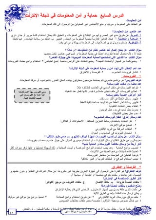 ‫ﺍﻟﺩﺭﺱ ﺍﻟﺴﺎﺒﻊ: ﺤﻤﺎﻴﺔ ﻭ ﺃﻤﻥ ﺍﻟﻤﻌﻠﻭﻤﺎﺕ ﻓﻲ ﺸﺒﻜﺔ ﺍﻹﻨﺘﺭﻨﺕ‬
                                                                                                       ‫ﺃﻤﻥ ﺍﻟﻤﻌﻠﻭﻤﺎﺕ:‬
                               ‫ﻫﻭ ﺍﻟﺤﻔﺎﻅ ﻋﻠﻰ ﺍﻟﻤﻌﻠﻭﻤﺔ ﻭ ﺴﺭﻴﺘﻬﺎ ﻭ ﻤﻨﻊ ﺍﻷﺸﺨﺎﺹ ﻏﻴﺭ ﺍﻟﻤﺨﻭﻟﻴﻥ ﻤﻥ ﺍﻟﻭﺼﻭل ﺍﻟﻰ ﺘﻠﻙ ﺍﻟﻤﻌﻠﻭﻤﺎﺕ.‬

                                                                                                   ‫ﻋﺩﺩ ﻋﻨﺎﺼﺭ ﺃﻤﻥ ﺍﻟﻤﻌﻠﻭﻤﺎﺕ؟‬
  ‫١-ﺍﻟﺴﺭﻴﺔ: ﻋﻥ ﻁﺭﻴﻕ ﻤﻨﻊ ﻏﻴﺭ ﺍﻟﻤﺼﺭﺡ ﻟﻬﻡ ﻤﻥ ﺍﻻﻁﻼﻉ ﻋﻠﻰ ﺍﻟﻤﻌﻠﻭﻤﺎﺕ ﻭ ﻟﺘﺤﻘﻴﻕ ﺫﻟﻙ ﻴﻤﻜﻥ ﺍﺴﺘﺨﺩﺍﻡ ﻜﻠﻤﺔ ﻤﺭﻭﺭ ﺃﻭ ﺠﺩﺍﺭ ﻨﺎﺭﻱ.‬
   ‫٢-ﺍﻟﺴﻼﻤﺔ ﻭ ﺍﻟﺘﻜﺎﻤﻠﻴﺔ: ﺃ- ﺍﺘﺨﺎﺫ ﺍﻟﺘﺩﺍﺒﻴﺭ ﺍﻟﻼﺯﻤﺔ ﻟﺤﻤﺎﻴﺔ ﺍﻟﻤﻌﻠﻭﻤﺔ ﻤﻥ ﺍﻟﻌﺒﺙ ﻭ ﺍﻟﺘﻐﻴﻴﺭ. ﺏ-ﺍﻟﺘﺄﻜﺩ ﻤﻥ ﺴﻼﻤﺔ ﺍﻟﺒﻴﺎﻨﺎﺕ ﻭ ﺍﻨﻬﺎ ﻜﺎﻤﻠﺔ.‬
                                              ‫٣-ﺍﻟﺘﻭﺍﻓﺭﻴﺔ: ﻀﻤﺎﻥ ﻭﺼﻭل ﺫﻭﻱ ﺍﻟﺼﻼﺤﻴﺎﺕ ﺍﻟﻰ ﺍﻟﻤﻌﻠﻭﻤﺔ ﺒﺴﻬﻭﻟﺔ ﻭ ﻓﻲ ﺃﻱ ﻭﻗﺕ.‬

                                                ‫ﺴﺅﺍل ﺍﻟﻜﺘﺎﺏ: ﻫل ﻴﻤﻜﻥ ﺇﻫﻤﺎل ﺃﺤﺩ ﻋﻨﺎﺼﺭ ﻨﻅﺎﻡ ﺃﻤﻥ ﺍﻟﻤﻌﻠﻭﻤﺎﺕ ؟ ﻭ ﻟﻤﺎﺫﺍ ؟‬
                             ‫ﻁﺒﻌﺎ ﻻ ، ﻷﻨﻪ ﺒﺈﻫﻤﺎل ﺃﺤﺩﻫﺎ ﻨﻜﻭﻥ ﻗﺩ ﺃﻫﻤﻠﻨﺎ ﻓﻲ ﺤﻤﺎﻴﺔ ﺍﻟﻤﻌﻠﻭﻤﺔ ﻭ ﺃﻤﻨﻬﺎ ﻓﻬﻲ ﻋﻨﺎﺼﺭ ﺘﻜﻤل ﺒﻌﻀﻬﺎ.‬
                                  ‫ﺴﺅﺍل ﺍﻟﻜﺘﺎﺏ: ﻤﺎ ﺍﻟﺘﺩﺍﺒﻴﺭ ﺍﻟﺘﻲ ﺘﺴﺘﺨﺩﻤﻬﺎ ﻟﺤﻤﺎﻴﺔ ﺍﻟﻤﻌﻠﻭﻤﺎﺕ ﺍﻟﻤﻭﺠﻭﺩﺓ ﻋﻠﻰ ﺠﻬﺎﺯﻙ ﺍﻟﺨﺎﺹ؟‬
‫١- ﻭﻀﻊ ﻜﻠﻤﺔ ﺴﺭ ﻟﻠﺠﻬﺎﺯ ﺃﻭﺍﻟﻤﻠﻔﺎﺕ ﺍﻟﻤﻬﻤﻪ٢-ﻭﻀﻊ ﺍﻟﻤﻠﻔﺎﺕ ﻋﻠﻰ ﺃﻗﺭﺍﺹ ﻤﺩﻤﺠﺔ )ﻨﺴﺦ ﺍﺤﺘﻴﺎﻁﻲ(٣-ﺍﺴﺘﺨﺩﺍﻡ ﺒﺭﺍﻤﺞ ﻤﻀﺎﺩ ﺍﻟﻔﻴﺭﻭﺴﺎﺕ‬

                                                          ‫ﻋﺩﺩ ﺃﻫﻡ ﺍﻷﺨﻁﺎﺭ ﺍﻟﺘﻲ ﺘﻬﺩﺩ ﺃﻤﻥ ﻭ ﺤﻤﺎﻴﺔ ﺍﻟﻤﻌﻠﻭﻤﺔ ﻋﻠﻰ ﺸﺒﻜﺔ ﺍﻹﻨﺘﺭﻨﺕ؟‬
                                                                   ‫٢-ﺍﻟﻘﺭﺼﻨﺔ ﻭ ﺍﻻﺨﺘﺭﺍﻕ.‬       ‫١-ﺍﻨﺘﺸﺎﺭ ﻓﻴﺭﻭﺴﺎﺕ ﺍﻟﺤﺎﺴﻭﺏ.‬
                                                                                                            ‫١- ﺍﻟﻔﻴﺭﻭﺴﺎﺕ :‬
         ‫ﻋﺭﻑ ﺍﻟﻔﻴﺭﻭﺱ؟ ﻫﻭ ﺒﺭﻨﺎﻤﺞ ﺤﺎﺴﻭﺒﻲ ﻗﺎﻡ ﺒﺼﻨﻌﺔ ﻤﺒﺭﻤﺠﻭﻥ ﻤﺤﺘﺭﻓﻭﻥ ﺒﻬﺩﻑ ﺍﻟﺤﺎﻕ ﺍﻟﻀﺭﺭ ﺒﺎﻟﺤﻭﺍﺴﻴﺏ ﺃﻭ ﺴﺭﻗﺔ ﺍﻟﻤﻌﻠﻭﻤﺎﺕ.‬
                                                                                                ‫ﻋﺩﺩ ﺒﻌﻀﺎ ﻤﻥ ﺼﻔﺎﺕ ﺍﻟﻔﻴﺭﻭﺴﺎﺕ؟‬
                                                                  ‫١-ﺘﺘﻭﺍﺠﺩ ﺍﻟﻔﻴﺭﻭﺴﺎﺕ ﻓﻲ ﻤﻜﺎﻥ ﺃﺴﺎﺴﻲ ﻓﻲ ﺍﻟﺤﺎﺴﺏ ﻜﺎﻟﺫﺍﻜﺭﺓ ﻤﺜﻼ.‬
         ‫ﺳﻤﻲ اﻟﻔﯿﺮوس ﺑﮭﺬا اﻹﺳﻢ ﻟﺘﺸﺎﺑﮫ‬                  ‫٢- ﺘﺤﺘﺎﺝ ﺍﻟﻔﻴﺭﻭﺴﺎﺕ ﺍﻟﻰ ﻤﻠﻑ ﺘﻌﻴﺵ ﻤﺘﺴﹼـﺭﺓ ﻓﻴﻪ ﻭ ﻟﻜﻨﻬﺎ ﺘﻔﻌل ﻋﻨﺩ ﺘﺸﻐﻴﻠﻪ.‬
                                                                                        ‫ﺘ‬
           ‫آﻟﯿﺔ ﻋﻤﻠﮫ ﻣﻊ اﻟﻔﯿﺮوﺳﺎت اﻟﺘﻲ‬                                                         ‫ﺃﺫﻜﺭ ﺃﻋﺭﺍﺽ ﺍﻹﺼﺎﺒﺔ ﺒﺎﻟﻔﻴﺭﻭﺴﺎﺕ؟‬
               ‫ﺗﺼﯿﺐ اﻟﻜﺎﺋﻨﺎت اﻟﺤﯿﺔ.‬                                                     ‫١-ﻅﻬﻭﺭ ﺭﺴﺎﺌل ﺍﻟﺨﻁﺄ ﻓﻲ ﺃﻜﺜﺭ ﻤﻥ ﻤﻜﺎﻥ.‬
                                                                     ‫٢-ﻅﻬﻭﺭ ﺭﺴﺎﻟﺔ ﺘﻌﺫﺭ ﺍﻟﺤﻔﻅ ﻤﻊ ﺃﻨﻪ ﺘﻭﺠﺩ ﻤﺴﺎﺤﺔ ﻜﺎﻓﻴﺔ ﻟﻠﺤﻔﻅ.‬
                                                                                                 ‫٣-ﺍﺨﺘﻔﺎﺀ ﺒﻌﺽ ﺍﻟﻤﻠﻔﺎﺕ ﺍﻟﺘﻨﻔﻴﺫﻴﺔ.‬
                                                                                       ‫٤-ﺤﺩﻭﺙ ﺒﻁﺀ ﺸﺩﻴﺩ ﻓﻲ ﺒﺩﺀ ﻋﻤل ﺍﻟﻭﻴﻨﺩﻭﺯ.‬
                                                                                                    ‫٥-ﻋﺩﻡ ﻋﻤل ﺒﻌﺽ ﺍﻟﺘﻁﺒﻴﻘﺎﺕ.‬
                                                                                    ‫ﻋﺩﺩ ﻭﺴﺎﺌل )ﻁﺭﻕ( ﺍﻨﺘﻘﺎل ﻓﻴﺭﻭﺴﺎﺕ ﺍﻟﺤﺎﺴﻭﺏ؟‬
                                                    ‫١- ﻨﻘل ﺍﻟﻤﻠﻔﺎﺕ ﺒﺎﺴﺘﺨﺩﺍﻡ ﻭﺴﺎﺌﻁ ﺍﻟﺘﺨﺯﻴﻥ ﺍﻟﻤﺨﺘﻠﻔﺔ ) ﺍﻻﺴﻁﻭﺍﻨﺎﺕ ﺃﻭ ﺍﻟﻔﻼﺵ(.‬
                                                                                                  ‫٢- ﺘﺼﻔﺢ ﻤﻭﺍﻗﻊ ﺍﻹﻨﺘﺭﻨﺕ.‬
                                                                                    ‫٣- ﺍﻟﻤﻠﻔﺎﺕ ﺍﻟﻤﺭﻓﻘﺔ ﻤﻊ ﺍﻟﺒﺭﻴﺩ ﺍﻹﻟﻜﺘﺭﻭﻨﻲ.‬
                                                                                ‫٤- ﺍﺴﺘﺨﺩﺍﻡ ﺍﻟﺒﻠﻭﺘﻭﺙ ﻓﻲ ﺍﻟﺤﺎﺴﻭﺏ ﻭ ﺍﻟﺠﻭﺍل.‬
                                      ‫ﺴﺅﺍل ﺍﻟﻜﺘﺎﺏ: ﻫل ﻴﻤﻜﻥ ﺃﻥ ﺘﺼﻴﺏ ﺍﻟﻔﻴﺭﻭﺴﺎﺕ ﺃﺠﻬﺯﺓ ﺍﻟﻬﺎﺘﻑ ﺍﻟﺨﻠﻴﻭﻱ ، ﻭ ﻤﺎﻫﻲ ﻁﺭﻕ ﺍﻨﺘﻘﺎﻟﻬﺎ ؟‬
                  ‫ﻨﻌﻡ ﻴﻤﻜﻥ ﻭ ﻤﻥ ﻁﺭﻕ ﺍﻨﺘﻘﺎﻟﻬﺎ ﺭﺴﺎﺌل ﺍﻟﺒﻠﻭﺘﻭﺙ ، ﺃﻭ ﺍﺴﺘﺨﺩﺍﻡ ﻤﻴﻤﻭﺭﻱ ﺍﻟﺠﻭﺍل ﻋﻠﻰ ﺠﻬﺎﺯ ﺤﺎﺴﻭﺏ ﻤﺼﺎﺏ ﺒﻔﻴﺭﻭﺴﺎﺕ.‬
                                                                        ‫ﺃﺫﻜﺭ ﺃﺭﺒﻌﺔ ﻤﻥ ﻭﺴﺎﺌل ﻤﻜﺎﻓﺤﺔ ﺍﻟﻔﻴﺭﻭﺴﺎﺕ ﻭ ﺍﻟﺤﻤﺎﻴﺔ ﻤﻨﻬﺎ؟‬
 ‫١-ﺘﻨﺼﻴﺏ ﺒﺭﺍﻤﺞ ﺍﻟﺤﻤﺎﻴﺔ : ﻭﻫﻨﺎ ﻴﺠﺏ ﺍﺴﺘﺨﺩﺍﻡ ﺍﻟﺒﺭﺍﻤﺞ ﺍﻟﻤﺭﺨﺼﺔ ﻭ ﻟﻴﺴﺕ ﺍﻟﻤﺠﺎﻨﻴﺔ ﻭ ﺫﻟﻙ ﻟﺴﻬﻭﻟﺔ ﺘﺤﺩﻴﺜﻬﺎ ﻭ ﻷﻨﻬﺎ ﺘﻭﻓﺭ ﻤﻴﺯﺍﺕ ﺃﻜﺜﺭ.‬
                                                                               ‫٢-ﺘﺤﺩﻴﺙ ﻗﺎﻋﺩﺓ ﺒﻴﺎﻨﺎﺕ ﺒﺭﺍﻤﺞ ﺍﻟﺤﻤﺎﻴﺔ ﻤﻥ ﺍﻻﻨﺘﺭﻨﺕ.‬
                                                                            ‫٣-ﺘﻭﻋﻴﺔ ﺍﻟﻌﺎﻤﻠﻴﻥ ﻓﻲ ﺍﻟﻤﺅﺴﺴﺔ ﻤﻥ ﻤﺨﺎﻁﺭ ﺍﻟﻔﻴﺭﻭﺴﺎﺕ.‬
                                                                      ‫٤-ﺘﺠﻨﺏ ﺍﺴﺘﺨﺩﺍﻡ ﺍﻟﻤﻭﺍﻗﻊ ﺍﻭ ﺍﻟﻤﻠﻔﺎﺕ ﺍﻟﻐﺭﻴﺒﺔ ﻭ ﺍﻟﻐﻴﺭ ﺃﺨﻼﻗﻴﺔ.‬

                                                                                                  ‫٢- ﺍﻟﻘﺭﺼﻨﺔ ﻭ ﺍﻻﺨﺘﺭﺍﻕ:‬
  ‫ﻋﺭﻑ ﺍﻻﺨﺘﺭﺍﻕ؟ ﻫﻭ ﺍﻟﻘﺩﺭﺓ ﻋﻠﻰ ﺍﻟﻭﺼﻭل ﺍﻟﻰ ﺃﺠﻬﺯﺓ ﺍﻵﺨﺭﻴﻥ ﺒﻁﺭﻴﻘﺔ ﻏﻴﺭ ﻤﺸﺭﻭﻋﺔ )ﻤﻥ ﺨﻼل ﺜﻐﺭﺍﺕ ﻓﻲ ﺍﻟﻨﻅﺎﻡ( ﻭ ﺒﺩﻭﻥ ﻋﻠﻤﻬﻡ ﻭ‬
                                                     ‫ﺍﻟﺤﺼﻭل ﻋﻠﻰ ﺒﻴﺎﻨﺎﺕ ﻭ ﻤﻠﻔﺎﺕ ﺒﺩﻭﺍﻓﻊ ﺸﺨﺼﻴﺔ ﺍﻭ ﺍﻨﺘﻘﺎﻤﻴﺔ ﺃﻭ ﺴﻴﺎﺴﻴﺔ ﺃﻭ....‬
                                                                                         ‫ﺃﺫﻜﺭ ﺍﻟﻁﺭﻕ ﺍﻟﻤﺴﺘﺨﺩﻤﺔ ﻓﻲ ﺍﻻﺨﺘﺭﺍﻕ؟‬
                               ‫ﺝ-ﻤﻠﻔﺎﺕ ﺍﻟﺘﻌﺭﻴﻑ ﻤﻥ ﻤﺭﺠﻊ )ﺍﻟﻜﻭﻜﻴﺯ(.‬                ‫ﺃ-ﻤﻠﻔﺎﺕ ﺃﺤﺼﻨﺔ ﻁﺭﻭﺍﺩﺓ. ﺏ-ﻤﻨﺎﻓﺫ ﺍﻻﺘﺼﺎل.‬
                                                                                       ‫ﻭ ‪‬ﺢ ﺍﻟﻤﻘﺼﻭﺩ ﺒﻤﻠﻔﺎﺕ ﺃﺤﺼﻨﺔ ﻁﺭﻭﺍﺩﺓ؟‬
                                                                                                                      ‫ﻀ‬
                                         ‫ﻫﻲ ﻤﻠﻔﺎﺕ ﺘﻜﻭﻥ ﺤﻠﻘﺔ ﻭﺼل ﺒﻴﻥ ﺍﻟﺠﻬﺎﺯ ﺍﻟﻤﺨﺘﺭﻕ ﻭ ﺍﻟﺸﺨﺹ ﺍﻟﺫﻱ ﻗﺎﻡ ﺒﻌﻤﻠﻴﺔ ﺍﻻﺨﺘﺭﺍﻕ.‬
                                                                               ‫ﻭ ﻴﻤﻜﻥ ﺍﺭﺴﺎل ﻫﺫﻩ ﺍﻟﻤﻠﻔﺎﺕ ﺒﺈﺤﺩﻯ ﺍﻟﻁﺭﻕ ﺍﻵﺘﻴﺔ:‬
‫٣-ﺘﺤﻤﻴل ﺒﺭﺍﻤﺞ ﻤﻥ ﻤﻭﺍﻗﻊ ﻏﻴﺭ ﻤﻭﺜﻭﻗﺔ‬         ‫١-ﻤﻠﻑ ﻤﺭﻓﻕ ﻤﻊ ﺭﺴﺎﺌل ﺍﻟﺒﺭﻴﺩ ﺍﻹﻟﻜﺘﺭﻭﻨﻲ. ٢-ﻋﻥ ﻁﺭﻴﻕ ﺍﺴﺘﺨﺩﺍﻡ ﺒﺭﺍﻤﺞ ﺍﻟﻤﺤﺎﺩﺜﺔ.‬
                                             ‫٤-ﻤﻥ ﺨﻼل ﻨﺼﻭﺹ ﺒﺭﻤﺠﻴﺔ )ﺍﻟﻤﺎﻜﺭﻭ( ﻤﺘﻀﻤﻨﺔ ﺒﻌﺽ ﻤﻠﻔﺎﺕ ﻤﻌﺎﻟﺠﺎﺕ ﺍﻟﻨﺼﻭﺹ.‬

             ‫ﺗﻄﻠﺐ ﻣﻦ ﻣﻜﺘﺒﺔ ﻏﺮﺑﯿﺔ – ﻣﻘﺎﺑﻞ ﻣﺪرﺳﺔ اﻟﺰھﺮاء – ﻏﺰة أو ﻣﻦ ﻣﻜﺘﺒﺔ أﺟﯿﺎل – ﺷﺎرع اﻟﻮﺣﺪة أو ﻣﻜﺘﺒﺔ ﻓﻠﺴﻄﯿﻦ – ش اﻟﺠﻨﺪي.‬
                                                      ‫إﻋﺪاد اﻟﻤﮭﻨﺪس: ﻏﺴﺎن ﻧﺎﻓﺬ ﻣﺸﺘﮭﻰ‬
  ‫٨٤‬
 