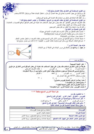 ‫ﻤﻥ ﺍﻟﻁﺭﻕ ﺍﻟﻤﺴﺘﺨﺩﻤﺔ ﻓﻲ ﺍﻻﺨﺘﺭﺍﻕ ﻤﻨﺎﻓﺫ ﺍﻻﺘﺼﺎل ﻭ ‪‬ﺢ ﺫﻟﻙ ؟‬
                                                                     ‫ﻀ‬
             ‫ﻜل ﺒﺭﻭﺘﻭﻜﻭل ﻓﻲ ﺠﻬﺎﺯ ﺍﻟﺤﺎﺴﻭﺏ ﻴﺤﺘﺎﺝ ﺍﻟﻰ ﻤﻨﻔﺫ ﺍﺘﺼﺎل ﻹﺭﺴﺎل ﻭ ﺍﺴﺘﻘﺒﺎل ﺍﻟﺒﻴﺎﻨﺎﺕ ﻓﻤﺜﻼ ﺒﺭﻭﺘﻭﻜﻭل ‪ HTTP‬ﻴﺴﺘﺨﺩﻡ‬
                                                                                                           ‫ﺍﻟﻤﻨﻔﺫ ﺭﻗﻡ ٠٨ .‬
                                            ‫ﻭ ﻟﻭ ﺃﻏﻠﻘﻨﺎ ﺘﻠﻙ ﺍﻟﻤﻨﺎﻓﺫ ﻓﻠﻥ ﻨﺘﻤﻜﻥ ﻤﻥ ﺍﺴﺘﺨﺩﺍﻡ ﺘﻠﻙ ﺍﻟﺨﺩﻤﺔ ﺍﻟﺘﻲ ﻴﻘﺩﻤﻬﺎ ﺍﻟﺒﺭﻭﺘﻭﻜﻭل.‬
                      ‫ﻤﻥ ﺍﻟﻁﺭﻕ ﺍﻟﻤﺴﺘﺨﺩﻤﺔ ﻓﻲ ﺍﻻﺨﺘﺭﺍﻕ ﻤﻠﻔﺎﺕ ﺍﻟﺘﻌﺭﻴﻑ ﻤﻥ ﺍﻟﻤﺭﺠﻊ )‪ (Cookies‬ﻭ ﻋﻨﺎﺼﺭ ﺍﻟﺘﺤﻜﻡ ﻭ ‪‬ﺢ ﺫﻟﻙ ؟‬
                             ‫ﻀ‬
‫ﻤﻠﻑ ﺍﻟﺘﻌﺭﻴﻑ ﺍﻟﻤﺭﺠﻌﻲ )ﺍﻟﻜﻭﻜﻴﺯ( ﻫﻭ ﻤﻠﻑ ﻴﺨﺯﻥ ﻋﻠﻰ ﺠﻬﺎﺯ ﺍﻟﻤﺴﺘﺨﺩﻡ ﻋﻨﺩ ﺩﺨﻭﻟﻪ ﺍﻟﻰ ﺒﻌﺽ ﺍﻟﻤﻭﺍﻗﻊ )ﻤﻭﺍﻗﻊ ﺍﻟﺘﺼﻭﻴﺕ ﻭ ﺍﻟﻤﻨﺘﺩﻴﺎﺕ(‬
                                                                             ‫ﺒﻬﺩﻑ ﺘﺨﺯﻴﻥ ﺒﻴﺎﻨﺎﺕ ﻋﻥ ﺍﻟﺠﻬﺎﺯ ﺒﻬﺩﻑ ﺘﺠﺎﺭﻱ.‬
                                                                 ‫ﻭ ﻟﻜﻥ ﻗﺩ ﻴﺴﺎﺀ ﺍﺴﺘﺨﺩﺍﻡ ﻫﺫﺍ ﺍﻟﻤﻠﻑ ﻤﻥ ﻗﺒل ﺒﻌﺽ ﺍﻟﻤﺒﺭﻤﺠﻴﻥ.‬
                                                                                         ‫ﺃﺫﻜﺭ ﻁﺭﻕ ﺍﻟﺤﻤﺎﻴﺔ ﻤﻥ ﺍﻻﺨﺘﺭﺍﻕ؟‬
                                                 ‫١-ﺘﺤﺩﻴﺙ ﻨﻅﺎﻡ ﺍﻟﺘﺸﻐﻴل ﻤﻥ ﺨﻼل ﺍﻻﻨﺘﺭﻨﺕ ﻟﺤل ﺍﻟﺜﻐﺭﺍﺕ ﺍﻷﻤﻨﻴﺔ ﻓﻲ ﺠﻬﺎﺯﻙ.‬
                                                           ‫٢-ﺍﺴﺘﺨﺩﺍﻡ ﺃﺤﺩ ﺒﺭﺍﻤﺞ ﻤﻜﺎﻓﺤﺔ ﺍﻻﺨﺘﺭﺍﻕ ﺍﻟﻤﺭﺨﺼﺔ.‪AntiSpyware‬‬
                                                                                  ‫٣-ﺍﺴﺘﺨﺩﺍﻡ ﺠﺩﺍﺭ ﺤﻤﺎﻴﺔ ﻨﺎﺭﻱ ‪.Firewall‬‬
              ‫٤-ﻀﺒﻁ ﺍﻋﺩﺍﺩﺍﺕ ﺒﺭﻨﺎﻤﺞ ﺍﻟﺘﺼﻔﺢ ﺍﻟﻰ ﻤﺴﺘﻭﻯ ﺍﻷﻤﺎﻥ ﺍﻟﺫﻱ ﻻﻴﺴﻤﺢ ﺒﺘﺨﺯﻴﻥ ﻤﻠﻔﺎﺕ ﺍﻟﺘﻌﺭﻴﻑ ﺍﻭ ﺘﺸﻐﻴل ﻋﻨﺎﺼﺭ ﺍﻟﺘﺤﻜﻡ.‬
                ‫٥-ﻋﺩﻡ ﻓﺘﺢ ﺍﻟﻤﻠﻔﺎﺕ ﺍﻟﻤﺭﻓﻘﺔ ﻤﻊ ﺭﺴﺎﺌل ﺍﻟﺒﺭﻴﺩ)ﺨﺎﺼﺔ ﻤﻠﻔﺎﺕ ﺍﻟﺼﻭﺭ ﻭ ﺍﻟﺘﻨﻔﻴﺫﻴﺔ( ﺍﻻ ﺇﺫﺍ ﻜﺎﻨﺕ ﻤﻥ ﻤﺼﺩﺭ ﻤﻭﺜﻭﻕ ﻓﻴﻪ.‬

                                                                                              ‫ﻋﺭﻑ ﺠﺩﺍﺭ ﺍﻟﺤﻤﺎﻴﺔ ﺍﻟﻨﺎﺭﻱ ؟‬
                                                ‫ﻫﻭ ﺠﻬﺎﺯ ﺍﻭ ﺒﺭﻨﺎﻤﺞ ﻴﻘﻭﻡ ﺒﺎﻟﺘﺤﻜﻡ ﻓﻲ ﻤﺭﻭﺭ ﺍﻟﺒﻴﺎﻨﺎﺕ ﻓﻲ ﺍﻟﺸﺒﻜﺔ ﺃﻭ ﺒﻴﻥ ﺍﻟﺸﺒﻜﺎﺕ.‬




                                                                                                           ‫اﺧﺘﺒﺮ ﻧﻔﺴﻚ‬


                                                                                               ‫١-ﺍﺨﺘﺭ ﺍﻻﺠﺎﺒﺔ ﺍﻟﺼﺤﻴﺤﺔ:‬
     ‫-ﻁﺭﻴﻘﺔ ﻤﻥ ﻁﺭﻕ ﺍﻻﺨﺘﺭﺍﻕ ﺘﺴﺘﺨﺩﻡ ﻤﻠﻑ ﻴﺨﺯﻥ ﻋﻠﻰ ﺠﻬﺎﺯ ﺍﻟﻤﺴﺘﺨﺩﻡ ﻋﻨﺩ ﺩﺨﻭﻟﻪ ﺍﻟﻰ ﺒﻌﺽ ﺍﻟﻤﻭﺍﻗﻊ ﺘﺴﻤﻰ ﺍﻻﺨﺘﺭﺍﻕ ﻋﻥ ﻁﺭﻴﻕ‬
                         ‫ﺩ. ﻤﻠﻔﺎﺕ ﺍﻟﺘﻌﺭﻴﻑ ﺍﻟﻤﺭﺠﻌﻲ.‬          ‫ﺝ. ﺍﻟﻔﻴﺭﻭﺱ‬                 ‫ﺏ. ﺍﻟﻤﻨﺎﻓﺫ‬      ‫ﺃ. ﺃﺤﺼﻨﺔ ﻁﺭﻭﺍﺩﻩ‬
                      ‫- ﺒﺭﻨﺎﻤﺞ ﺤﺎﺴﻭﺒﻲ ﻗﺎﻡ ﺒﺼﻨﻌﺔ ﻤﺒﺭﻤﺠﻭﻥ ﻤﺤﺘﺭﻓﻭﻥ ﺒﻬﺩﻑ ﺍﻟﺤﺎﻕ ﺍﻟﻀﺭﺭ ﺒﺎﻟﺤﻭﺍﺴﻴﺏ ﺃﻭ ﺴﺭﻗﺔ ﺍﻟﻤﻌﻠﻭﻤﺎﺕ:‬
                                          ‫ﺩ.ﺍﻟﻜﻭﻜﻴﺯ‬            ‫ﺝ. ﺍﻟﻤﻨﻔﺫ‬            ‫ﺏ. ﺍﻟﻔﻴﺭﻭﺱ‬          ‫ﺃ. ﺍﻟﺠﺩﺍﺭ ﺍﻟﻨﺎﺭﻱ.‬
                                                                        ‫-ﻴﻌﻤل ﺒﺭﻭﺘﻭﻜﻭل ‪ HTTP‬ﻋﻠﻰ ﻤﻨﻔﺫ ﺍﺘﺼﺎل ﺭﻗﻡ:‬
                                             ‫ﺩ. ١٢‬               ‫ﺝ. ٠٨‬                    ‫ﺏ. ٠٣‬                    ‫ﺃ. ٠٩‬
                                                                    ‫٢-ﻋﺪد أرﺑﻌﺔ ﻣﻦ أﻋﺮاض اﻹﺻﺎﺑﺔ ﺑﻔﯿﺮوس ﺣﺎﺳﻮﺑﻲ؟‬
                                                                                       ‫٣- وﺿﺢ ﻋﻨﺎﺻﺮ أﻣﻦ اﻟﻤﻌﻠﻮﻣﺎت ؟‬
                                                                       ‫٤-ﻋﺮف اﻻﺧﺘﺮاق ﺛﻢ اذﻛﺮ اﻟﻄﺮق اﻟﻤﺘﺒﻌﺔ ﻟﺘﻨﻔﯿﺬه ؟‬
                                                             ‫٥-ﻋﺮف: اﻟﻔﯿﺮوس ، ﺟﺪار اﻟﺤﻤﺎﯾﺔ اﻟﻨﺎري ، أﻣﻦ اﻟﻤﻌﻠﻮﻣﺎت؟‬

                                       ‫ﺤل ﺃﺴﺌﻠﺔ ﺍﻟﺩﺭﺱ ﺍﻟﺴﺎﺒﻊ ﺼﻔﺤﺔ ٢١١‬
                                                                                                   ‫١-ﻤﺎ ﺍﻟﻤﻘﺼﻭﺩ ﺒﻜل ﻤﻥ:‬
                                                            ‫ﺍﻟﻔﻴﺭﻭﺱ ، ﺍﻻﺨﺘﺭﺍﻕ ، ﺍﻟﺠﺩﺍﺭ ﺍﻟﻨﺎﺭﻱ. )ﺍﻟﺤل ﻓﻲ ﺍﻟﺸﺭﺡ ﺍﻟﺴﺎﺒﻕ(‬
                                                                       ‫٢-ﺃﺫﻜﺭ ﺃﺴﻤﺎﺀ ﺜﻼﺜﺔ ﺒﺭﺍﻤﺞ ﻟﻠﺤﻤﺎﻴﺔ ﻤﻥ ﺍﻟﻔﻴﺭﻭﺴﺎﺕ ؟‬
                                                   ‫٣-ﺒﺭﻨﺎﻤﺞ ﺃﻓﺎﺴﺕ.‬             ‫٢-ﻜﺎﺴﺒﺭ ﺴﻜﺎﻱ.‬         ‫١-ﻨﻭﺭﺘﻥ ﺃﻨﺘﻲ ﻓﻴﺭﺱ.‬
                                                     ‫٣-ﻤﺎﻫﻲ ﻁﺭﻕ ﺍﻨﺘﻘﺎل ﺍﻟﻔﻴﺭﻭﺴﺎﺕ ﺍﻟﺤﺎﺴﻭﺒﻴﺔ؟ )ﺍﻟﺤل ﻓﻲ ﺍﻟﺸﺭﺡ ﺍﻟﺴﺎﺒﻕ(‬
                                                                 ‫٤-ﻤﺎﻫﻲ ﻭﺴﻴﻠﺔ ﺍﻟﺤﻤﺎﻴﺔ ﺍﻟﻤﻨﺎﺴﺒﺔ ﻟﻜل ﻤﻥ ﺍﻟﺤﺎﻻﺕ ﺍﻟﺘﺎﻟﻴﺔ :‬
                               ‫ﻭﺴﻴﻠﺔ ﺍﻟﺤﻤﺎﻴﺔ‬                                                ‫ﺍﻟﺤﺎﻟﺔ‬
                                     ‫ﺍﺴﺘﺨﺩﺍﻡ ﺒﺭﻨﺎﻤﺞ ﻤﻀﺎﺩ ﻟﻠﻔﻴﺭﻭﺴﺎﺕ‬                                            ‫ﺍﻟﻔﻴﺭﻭﺴﺎﺕ:‬
                                            ‫ﺍﺴﺘﺨﺩﺍﻡ ﺍﻟﺠﺩﺍﺭ ﺍﻟﻨﺎﺭﻱ.‬                                          ‫ﺃﺤﺼﻨﺔ ﻁﺭﻭﺍﺩﺓ:‬
                       ‫ﻀﺒﻁ ﺇﻋﺩﺍﺩﺍﺕ ﺒﺭﻨﺎﻤﺞ ﺍﻟﻤﺘﺼﻔﺢ ﻭ ﺩﺭﺠﺔ ﺍﻷﻤﺎﻥ.‬                                   ‫ﻤﻨﻊ ﺘﺨﺯﻴﻥ ﻤﻠﻔﺎﺕ ﺍﻻﺭﺘﺒﺎﻁ:‬
                       ‫ﻀﺒﻁ ﺇﻋﺩﺍﺩﺍﺕ ﺒﺭﻨﺎﻤﺞ ﺍﻟﻤﺘﺼﻔﺢ ﻭ ﺩﺭﺠﺔ ﺍﻷﻤﺎﻥ.‬             ‫ﻤﻨﻊ ﺘﺤﻤﻴل ﻋﻨﺎﺼﺭ ﺍﻟﺘﺤﻜﻡ ﻋﻠﻰ ﺍﻟﺠﻬﺎﺯ ﺃﺜﻨﺎﺀ ﺍﻟﺘﺼﻔﺢ:‬



           ‫ﺗﻄﻠﺐ ﻣﻦ ﻣﻜﺘﺒﺔ ﻏﺮﺑﯿﺔ – ﻣﻘﺎﺑﻞ ﻣﺪرﺳﺔ اﻟﺰھﺮاء – ﻏﺰة أو ﻣﻦ ﻣﻜﺘﺒﺔ أﺟﯿﺎل – ﺷﺎرع اﻟﻮﺣﺪة أو ﻣﻜﺘﺒﺔ ﻓﻠﺴﻄﯿﻦ – ش اﻟﺠﻨﺪي.‬
                                                   ‫إﻋﺪاد اﻟﻤﮭﻨﺪس: ﻏﺴﺎن ﻧﺎﻓﺬ ﻣﺸﺘﮭﻰ‬
‫٩٤‬
 