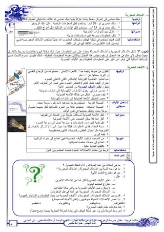 ‫و ّﺢ ﺗﺮﻛﯿﺐ اﻟﺴﻠﻚ اﻟﻤﺤﻮري؟/ﻋﺪدأﻧﻮاع اﻟﺴﻠﻚ اﻟﻤﺤﻮرﯾﺔ؟/ﻋﺪد ﻣﻤﯿﺰات اﻟﺴﻠﻚ اﻟﻤﺤﻮري؟/ﺗﺴﺘﻌﻤﻞ اﻷﻟﯿﺎف اﻟﺒﺼﺮﯾﺔ ﺻﯿﻐﺘﯿﻦ ﻓﻲ ﻧﻘﻞ اﻟﻤﻌﻠﻮﻣﺔ وﺿﺤﮭﻤﺎ؟/ ﻋﺪد ﺧﻤﺴﺔ ﻣﻦ ﻣﻤﯿﺰات اﻷﻟﯿﺎف اﻟﺒﺼﺮﯾﺔ ﺛﻢ اذﻛﺮ ﻋﯿﻮﺑﮭﺎ؟‬
                                                                                                                                                                                                                                                                                                                           ‫ﺿ‬
                                                                                                        ‫ﺏ( ﺍﻷﺴﻼﻙ ﺍﻟﻤﺤﻭﺭﻴﺔ :‬
           ‫ﺴﻠﻙ ﻨﺤﺎﺴﻲ ﻓﻲ ﺍﻟﻤﺭﻜﺯ ﻤﺤﺎﻁ ﺒﻤﺎﺩﺓ ﻋﺎﺯﻟﺔ ﻴﻠﻴﻬﺎ ﺸﺒﻙ ﻨﺤﺎﺴﻲ ﺜﻡ ﻏﻼﻑ ﺒﻼﺴﺘﻴﻜﻲ ﻟﺤﻤﺎﻴﺔ ﺍﻟﺴﻠﻙ .‬                    ‫ﺘﺭﻜﻴﺒﻬﺎ‬
                      ‫١- ﺴﻠﻙ ﻤﺤﻭﺭﻱ ﺫﻭ 05 ﺍﻭﻡ : ﻴﺴﺘﺨﺩﻡ ﻟﻨﻘل ﺍﻟﻤﻌﻠﻭﻤﺎﺕ ﺍﻟﺭﻗﻤﻴﺔ . ﻤﺜل ﺴﻠﻙ ﺍﻟﺭﻴﺴﻴﻔﺭ‬                ‫ﺃﻨﻭﺍﻋﻬﺎ:‬
                          ‫٢- ﺴﻠﻙ ﻤﺤﻭﺭﻱ ﺫﻭ 57 ﺍﻭﻡ : ﻴﺴﺘﺨﺩﻡ ﻟﻨﻘل ﺍﻹﺸﺎﺭﺍﺕ ﺍﻟﺘﻤﺎﺜﻠﻴﺔ ﻤﺜل ﺃﻤﻭﺍﺝ ﺍﻟﺘﻠﻔﺎﺯ‬
                                                                       ‫١- ﻋﺎﺯل ﺠﻴﺩ ﻟﻠﻤﺅﺜﺭﺍﺕ ﺍﻟﺨﺎﺭﺠﻴﺔ .‬       ‫ﻤﻤﻴﺯﺍﺘﻬﺎ :‬
                                                        ‫٢- ﺘﻨﻘل ﺍﻟﻤﻌﻠﻭﻤﺎﺕ ﺒﺴﺭﻋﺔ ﻜﺒﻴﺭﺓ ﻭﻟﻤﺴﺎﻓﺎﺕ ﻁﻭﻴﻠﺔ.‬
         ‫ﻜﺎﻨﺕ ﻗﺩﻴﻤﺎ ﺘﺴﺘﺨﺩﻡ ﻓﻲ ﺸﺒﻜﺔ ﺍﻟﻬﺎﺘﻑ ﻭﺸﺒﻜﺎﺕ ﺍﻟﺤﺎﺴﻭﺏ ﺃﻤﺎ ﺤﺩﻴﺜﺎ ﺘﺴﺘﺨﺩﻡ ﺍﻷﺴﻼﻙ ﺍﻟﻤﺤﻭﺭﻴـﺔ ﻓـﻲ‬               ‫ﺍﺴﺘﺨﺩﺍﻤﺎﺘﻬﺎ‬
                                                      ‫ﺘﻭﺼﻴل ﺍﻟﺒﺙ ﺍﻟﺘﻠﻔﺎﺯﻱ ﻤﻥ ﺍﻟﻼﻗﻁ ﺍﻟﻬﻭﺍﺌﻲ ﺇﻟﻰ ﺍﻟﺘﻠﻔﺎﺯ.‬

‫ﺍﻟﻌﻴﻭﺏ:? ﺘﺸﻜل ﺍﻷﺴﻼﻙ ﺍﻟﻤﺤﻭﺭﻴﺔ ﻭﺍﻷﺴﻼﻙ ﺍﻟﻤﺠﺩﻭﻟﺔ ﺨﻁﺭﺍ ﻋﻠﻰ ﺍﻤﻥ ﺍﻟﻤﻌﻠﻭﻤﺎﺕ ﺤﻴﺙ ﺘﻭﻟﺩ ﻤﺠﺎﻻ ﻜﻬﺭﻭﻤﻐﻨﺎﻁﻴﺴﻴﺎ ﻴﺤـﻴﻁ ﺒﺎﻟﻜﺎﺒـل‬
‫ﺒﺤﻴﺙ ﻴﻤﻜﻥ ﻷﻱ ﻋﺎﻟﻡ ﻓﻲ ﻫﺫﺍ ﺍﻟﻤﺠﺎل ﺃﻥ ﻴﻘﻭﻡ ﺒﻘﻴﺎﺱ ﻫﺫﺍ ﺍﻟﻤﺠﺎل ﻭﺒﺎﻟﺘﺎﻟﻲ ﻤﻌﺭﻓﺔ ﺍﻟﻤﻌﻠﻭﻤﺎﺕ ﺍﻟﻤﻨﻘﻭﻟﺔ ، ﻟﺫﻟﻙ ﻅﻬـﺭ ﻨـﻭﻉ ﺜﺎﻟـﺙ ﻤـﻥ‬
                                          ‫ﺍﻟﻭﺴﺎﺌﻁ ﺍﺍﺴﻠﻜﻴﺔ ﺍﻟﺘﻲ ﺘﻭﻓﺭ ﺍﻤﻥ ﺍﻜﺒﺭ ﻋﻠﻰ ﺍﻟﻤﻌﻠﻭﻤﺎﺕ ﺍﻟﻤﻨﻘﻭﻟﺔ ﻭﻫﻭ ﺍﻷﻟﻴﺎﻑ ﺍﻟﺒﺼﺭﻴﺔ.‬

                                                                                                                    ‫ﺝ( ﺍﻷﻟﻴﺎﻑ ﺍﻟﺒﺼﺭﻴﺔ :‬
                       ‫ﺘﺘﻜﻭﻥ ﻤﻥ ﺨﻴﻭﻁ ﺭﻓﻴﻌﺔ ﺠﺩﺍ ) ﻜﺸﻌﺭﺓ ﺍﻹﻨﺴﺎﻥ ( ﻤﺼﻨﻭﻋﺔ ﻤﻥ ﺍﻟﺯﺠﺎﺝ ﺍﻟﻨﻘـﻲ‬                 ‫ﺘﺭﻜﻴﺒﻬﺎ‬
                                                                       ‫ﻭ ﻻﻴﺯﻴﺩ ﺴﻤﻜﻬﺎ ﻋﻥ ١,٠ﻤﻠﻡ.‬
                                     ‫ﻤﺒﺩﺃﻋﻤﻠﻬﺎ: ﺍﻟﺨﺎﺼﻴﺔ ﺍﻟﻔﻴﺯﻴﺎﺌﻴﺔ ﺍﻹﻨﻌﻜﺎﺱ ﺍﻟﻜﻠﻲ ﺍﻟﺩﺍﺨﻠﻲ ﻟﻠﻀﻭﺀ.‬
    ‫اﻟﻤﺠﺲ‬                 ‫ﺠﺩﺭﺍﻥ ﺍﻟﻠﻴﻑ ﺘﻌﻤل ﻜﺎﻟﻤﺭﺁﺓ ﻓﺘﻌﻜﺱ ﺍﻟﻀﻭﺀ ﺤﺘﻰ ﺘﺼل ﺍﻟﻰ ﺍﻟﻁﺭﻑ ﺍﻵﺨﺭ.‬
 ‫و ﻃﺮﯾﻘﺔ اﻟﺘﻮﺻﯿﻞ‬
                                                   ‫ﻴﺘﻜﻭﻥ ﻨﻅﺎﻡ ﺍﻷﻟﻴﺎﻑ ﺍﻟﺒﺼﺭﻴﺔ ﻤﻥ ﺍﻟﻌﻨﺎﺼﺭ ﺍﻵﺘﻴﺔ :‬
                               ‫١-ﻤﺼﺩﺭ ﻀﻭﺌﻲ: ﻴﺤﻭل ﺍﻹﺸﺎﺭﺍﺕ ﺍﻟﻜﻬﺭﺒﺎﺌﻴﺔ ﺇﻟﻰ ﺇﺸﺎﺭﺍﺕ ﻀﻭﺌﻴﺔ .‬
                                                 ‫٢-ﻟﻴﻑ ﺒﺼﺭﻱ : ﺘﻨﺘﻘل ﻤﻥ ﺨﻼﻟﻪ ﺍﻷﺸﻌﺔ ﺍﻟﻀﻭﺌﻴﺔ .‬
                                           ‫٣-ﻤﺠﺱ ﻟﺘﺤﻭﻴل ﺍﻷﺸﻌﺔ ﺍﻟﻀﻭﺌﻴﺔ ﺇﻟﻰ ﺇﺸﺎﺭﺍﺕ ﻜﻬﺭﺒﺎﺌﻴﺔ .‬
                             ‫ﺘﺴﺘﻌﻤل ﺍﻷﻟﻴﺎﻑ ١- ﺍﻟﺼﻴﻐﺔ ﺍﻟﻔﺭﺩﻴﺔ : ﺘﺴﺘﺨﺩﻡ ﺤﺯﻤﺔ ﺸﻌﺎﻋﻴﻪ ﺫﺍﺕ ﻁﻭل ﻤﻭﺠﺔ ﻤﺤﺩﺩ .‬
                       ‫٢- ﺍﻟﺼﻴﻐﺔ ﺍﻟﻤﺘﻌﺩﺩﺓ : ﺘﺴﺘﺨﺩﻡ ﻋﺩﺩﺍ ﻤﻥ ﺍﻟﺤﺯﻡ ﺍﻟﺸﻌﺎﻋﻴﺔ ﻟﻜل ﻤﻨﻬـﺎ ﻁـﻭل‬               ‫ﺼﻴﻐﺘﻴﻥ:‬
                                                        ‫ﻤﻭﺠﺔ ﻤﺤﺩﺩ ﻭﺘﻨﺘﻘل ﺠﻤﻴﻌﻬﺎ ﻓﻲ ﻨﻔﺱ ﺍﻟﻭﻗﺕ.‬
                                 ‫١- ﺘﻨﻘل ﺍﻷﺸﻌﺔ ﺍﻟﻀﻭﺌﻴﺔ ﻟﻤﺴﺎﻓﺎﺕ ﻁﻭﻴﻠﺔ ﺩﻭﻥ ﺍﻟﺤﺎﺠﺔ ﺇﻟﻰ ﺘﻘﻭﻴﺘﻬﺎ.‬           ‫ﻤﻤﻴﺯﺍﺘﻬﺎ‬
                                               ‫٢- ﺃﻜﺜﺭ ﺃﻤﻨﺎ ﻓﻼ ﻴﻤﻜﻥ ﺍﻟﺘﺼﻨﺕ ﻋﻠﻰ ﺍﻷﺸﻌﺔ ﺍﻟﻀﻭﺌﻴﺔ‬
                             ‫٣- ﻨﻘل ﻜﻤﻴﺔ ﻜﺒﻴﺭﺓ ﻤﻥ ﺍﻟﻤﻌﻠﻭﻤﺎﺕ ﻭ ﺒﺴﺭﻋﺔ ﺘﺼل ﺍﻟﻰ ﺴﺭﻋﺔ ﺍﻟﻀﻭﺀ.‬
                       ‫٤- ﻨﺴﺒﺔ ﺍﻟﺨﻁﺄ ﻭﻓﻘﺩﺍﻥ ﺍﻟﻤﻌﻠﻭﻤﺎﺕ ﻗﻠﻴﻠﺔ ﺠﺩﺍ ﺤﻴﺙ ﺃﻨﻬـﺎ ﻻ ﺘﺘـﺄﺜﺭ ﺒﺎﻟﻌﻭﺍﻤـل‬
                                         ‫ﺍﻟﺨﺎﺭﺠﻴﺔ ﻤﺜل ﺃﺤﻭﺍل ﺍﻟﻁﻘﺱ ﻭﺍﻟﻤﻭﺠﺎﺕ ﺍﻟﻜﻬﺭﻭﻤﻐﻨﺎﻁﻴﺴﻴﺔ .‬
                                                                                     ‫٥-ﺨﻔﺔ ﺍﻟﻭﺯﻥ.‬
                          ‫١- ﻤﻥ ﺍﻟﺼﻌﺏ ﺘﺭﻜﻴﺏ ﺍﻷﻟﻴﺎﻑ ﺍﻟﺒﺼﺭﻴﺔ ﻓﻬﻲ ﺘﺤﺘﺎﺝ ﺇﻟﻰ ﺨﺒﺭﺍﺀ ﻟﺘﺭﻜﻴﺒﻬﺎ.‬                ‫ﻋﻴﻭﺒﻬﺎ‬
                                                             ‫٢- ﺘﺤﺘﺎﺝ ﺇﻟﻰ ﻤﻌﺩﺍﺕ ﺨﺎﺼﺔ ﻟﺼﻴﺎﻨﺘﻬﺎ.‬
                                                                           ‫٣- ﺘﻜﻠﻔﺘﻬﺎ ﺍﻟﻤﺎﺩﻴﺔ ﻋﺎﻟﻴﺔ.‬
                                      ‫ﺍﻟﺭﺒﻁ ﺒﻴﻥ ﻤﻘﺎﺴﻡ ﺍﻻﺘﺼﺎﻻﺕ ﺍﻟﺒﻌﻴﺩﺓ ﺨﺎﺼﺔ ﺍﻟﻤﻘﺎﺴﻡ ﺒﻴﻥ ﺍﻟﺩﻭل.‬        ‫ﺍﺴﺘﺨﺩﺍﻤﺎﺘﻬﺎ‬
                                                                                                      ‫اﺧﺘﺒﺮ ﻧﻔﺴﻚ‬


                                                      ‫١. ﻣﺎ ھﻲ اﻟﻌﻼﻗﺔ ﺑﯿﻦ ﻋﺪد اﻟﺠﺪﻻت و آداء اﻟﺴﻠﻚ اﻟﻤﺠﺪول ؟‬
                                               ‫٢. ﻣﺎ ھﻮ وﺟﮫ اﻟﺸﺒﺔ ﺑﯿﻦ اﻷﺳﻼك اﻟﻤﺠﺪوﻟﺔ و اﻷﺳﻼك اﻟﻤﺤﻮرﯾﺔ ؟‬
                                                                                ‫٣. ﻣﻦ ھﻮ ﻣﺨﺘﺮع اﻟﻤﻘﺴﻢ اﻵﻟﻲ؟‬
                                                                                                       ‫٤. ﻋﻠﻞ :‬
                                              ‫أ- ﺗﻌﺘﺒﺮ اﻷﻟﯿﺎف اﻟﺒﺼﺮﯾﺔ أﻛﺜﺮ أﻣﻨﺎ ﻣﻦ اﻷﺳﻼك اﻷﺧﺮى.‬
                                                                            ‫ب- اﺧﺘﺮاع اﻟﻤﻘﺎﺳﻢ اﻟﯿﺪوﯾﺔ.‬
                                            ‫ت- ﻻ ﯾﻤﻜﻦ وﺻﻞ اﻷﻟﯿﺎف اﻟﺒﺼﺮﯾﺔ ﯾﺪوﯾﺎ ﻓﻲ ﺣﺎﻟﺔ اﻧﻘﻄﺎﻋﮭﺎ.‬
                                         ‫ث- اﻷﺳﻼك اﻟﻤﺠﺪوﻟﺔ و اﻟﻤﺤﻮرﯾﺔ ﻏﯿﺮ آﻣﻨﮫ ﻓﻲ ﻧﻘﻞ اﻟﻤﻌﻠﻮﻣﺎت.‬
            ‫٥. ﻗﺎرن ﺑﯿﻦ اﻷﺳﻼك اﻟﻤﺠﺪوﻟﺔ و اﻟﻤﺤﻮرﯾﺔ و اﻷﻟﯿﺎف اﻟﺒﺼﺮﯾﺔ ﻣﻦ ﺣﯿﺚ اﻟﻤﻜﻮﻧﺎت و اﻟﻤﺰاﯾﺎ و اﻟﻌﯿﻮب؟‬
                                           ‫٦. ﺑﺪأ ﻋﺼﺮ اﻻﺗﺼﺎﻻت اﻟﺤﺪﯾﺜﺔ ﻣﻊ ﻇﮭﻮر: )اﺧﺘﺮ اﻻﺟﺎﺑﺔ اﻟﺼﺤﯿﺤﺔ.(‬
                       ‫د-اﻟﻤﻘﺴﻢ.‬                 ‫ج-اﻟﻜﮭﺮﺑﺎء.‬                   ‫ب-اﻟﮭﺎﺗﻒ.‬             ‫أ-اﻟﺘﻠﻐﺮاف .‬
                                                                            ‫٧. ﻋﺪد ﻣﻜﻮﻧﺎت ﻧﻈﺎم اﻟﻠﯿﻒ اﻟﺒﺼﺮي؟‬
                      ‫٨. أدى رﺑﻂ اﻣﺮﯾﻜﺎ ﺑﺄوروﺑﺎ ﻋﺒﺮ ﺷﺒﻜﺔ اﻟﮭﺎﺗﻒ اﻟﻰ زﯾﺎدة اﻟﺤﺮﻛﺔ اﻟﺘﺠﺎرﯾﺔ ﺑﯿﻨﮭﻤﺎ. )ﺻﺢ/ﺧﻄﺄ(‬

                   ‫ﺗﻄﻠﺐ ﻣﻦ ﻣﻜﺘﺒﺔ ﻏﺮﺑﯿﺔ – ﻣﻘﺎﺑﻞ ﻣﺪرﺳﺔ اﻟﺰھﺮاء – ﻏﺰة أو ﻣﻦ ﻣﻜﺘﺒﺔ أﺟﯿﺎل – ﺷﺎرع اﻟﻮﺣﺪة أو ﻣﻜﺘﺒﺔ ﻓﻠﺴﻄﯿﻦ – ش اﻟﺠﻨﺪي.‬
                                                          ‫إﻋﺪاد اﻟﻤﮭﻨﺪس: ﻏﺴﺎن ﻧﺎﻓﺬ ﻣﺸﺘﮭﻰ‬
  ‫٥‬
 