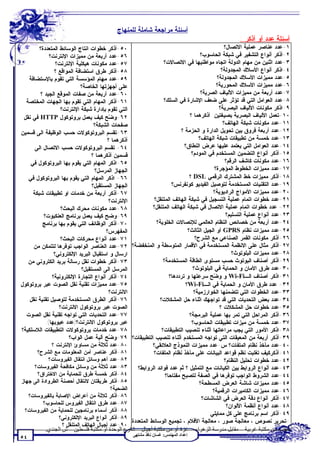 ‫ﺃﺴﺌﻠﺔ ﻤﺭﺍﺠﻌﺔ ﺸﺎﻤﻠﺔ ﻟﻠﻤﻨﻬﺎﺝ‬
                                                                                                             ‫ﺃﺴﺌﻠﺔ ﻋﺩﺩ ﺃﻭ ﺃﺫﻜﺭ :‬
          ‫٠٥-ﺃﺫﻜﺭ ﺨﻁﻭﺍﺕ ﺍﻨﺘﺎﺝ ﺍﻟﻭﺴﺎﺌﻁ ﺍﻟﻤﺘﻌﺩﺩﺓ؟‬                                                           ‫١-ﻋﺩﺩ ﻋﻨﺎﺼﺭ ﻋﻤﻠﻴﺔ ﺍﻻﺘﺼﺎل؟‬
               ‫٦٥-ﻋﺩﺩ ﺃﺭﺒﻌﺔ ﻤﻥ ﻤﻤﻴﺯﺍﺕ ﺍﻹﻨﺘﺭﻨﺕ؟‬                                                ‫٢-ﺃﺫﻜﺭ ﺃﻨﻭﺍﻉ ﺍﻟﺘﺸﻔﻴﺭ ﻓﻲ ﺸﺒﻜﺔ ﺍﻟﺤﺎﺴﻭﺏ؟‬
                  ‫٧٥-ﻋﺩﺩ ﻤﻜﻭﻨﺎﺕ ﻫﻴﻜﻠﻴﺔ ﺍﻹﻨﺘﺭﻨﺕ؟‬                          ‫٣-ﻋﺩﺩ ﺍﺜﻨﻴﻥ ﻤﻥ ﻤﻬﺎﻡ ﺍﻟﺩﻭﻟﺔ ﺍﺘﺠﺎﻩ ﻤﻭﺍﻁﻨﻴﻬﺎ ﻓﻲ ﺍﻻﺘﺼﺎﻻﺕ؟‬
                 ‫٨٥-ﺃﺫﻜﺭ ﻁﺭﻕ ﺍﺴﺘﻀﺎﻓﺔ ﺍﻟﻤﻭﺍﻗﻊ ؟‬                                                          ‫٤-ﺍﺫﻜﺭ ﺃﻨﻭﺍﻉ ﺍﻷﺴﻼﻙ ﺍﻟﻤﺠﺩﻭﻟﺔ؟‬
    ‫٩٥-ﻋﺩﺩ ﻤﻬﺎﻡ ﺍﻟﻤﺅﺴﺴﺔ ﺍﻟﺘﻲ ﺘﻘﻭﻡ ﺒﺎﻹﺴﺘﻀﺎﻓﺔ‬                                                           ‫٥-ﻋﺩﺩ ﻤﻤﻴﺯﺍﺕ ﺍﻷﺴﻼﻙ ﺍﻟﻤﺠﺩﻭﻟﺔ؟‬
                               ‫ﻋﻠﻰ ﺃﺠﻬﺯﺘﻬﺎ ﺍﻟﺨﺎﺼﺔ؟‬                                                    ‫٦-ﻋﺩﺩ ﻤﻤﻴﺯﺍﺕ ﺍﻷﺴﻼﻙ ﺍﻟﻤﺤﻭﺭﻴﺔ؟‬
           ‫٠٦-ﻋﺩﺩ ﺃﺭﺒﻌﺔ ﻤﻥ ﺼﻔﺎﺕ ﺍﻟﻤﻭﻗﻊ ﺍﻟﺠﻴﺩ ؟‬                                                ‫٧-ﻋﺩﺩ ﺃﺭﺒﻌﺔ ﻤﻥ ﻤﻤﻴﺯﺍﺕ ﺍﻷﻟﻴﺎﻑ ﺍﻟﺼﺭﻴﺔ؟‬
   ‫١٦-ﺃﺫﻜﺭ ﺍﻟﻤﻬﺎﻡ ﺍﻟﺘﻲ ﺘﻘﻭﻡ ﺒﻬﺎ ﺍﻟﺠﻬﺎﺕ ﺍﻟﻤﺨﺘﺼﺔ‬                           ‫٨-ﻋﺩﺩ ﺍﻟﻌﻭﺍﻤل ﺍﻟﺘﻲ ﻗﺩ ﺘﺅﺜﺭ ﻋﻠﻰ ﻀﻌﻑ ﺍﻹﺸﺎﺭﺓ ﻓﻲ ﺍﻟﺴﻠﻙ؟‬
                     ‫ﺍﻟﺘﻲ ﺘﻘﻭﻡ ﺒﺈﺩﺍﺭﺓ ﺸﺒﻜﺔ ﺍﻹﻨﺘﺭﻨﺕ؟‬                                                    ‫٩-ﺍﺫﻜﺭ ﻤﻜﻭﻨﺎﺕ ﺍﻷﻟﻴﺎﻑ ﺍﻟﺒﺼﺭﻴﺔ؟‬
 ‫٢٦-ﻭ ‪‬ﺢ ﻜﻴﻑ ﻴﻌﻤل ﺒﺭﻭﺘﻭﻜﻭل ‪ HTTP‬ﻓﻲ ﻨﻘل‬       ‫ﻀ‬                                          ‫٠١-ﺘﻌﻤل ﺍﻷﻟﻴﺎﻑ ﺍﻟﺒﺼﺭﻴﺔ ﺒﺼﻴﻐﺘﻴﻥ. ﺃﺫﻜﺭﻫﻤﺎ ؟‬
                                      ‫ﺼﻔﺤﺎﺕ ﺍﻟﺸﺒﻜﺔ؟‬                                                      ‫١١-ﻋﺩﺩ ﻤﻜﻭﻨﺎﺕ ﺸﺒﻜﺔ ﺍﻟﻬﺎﺘﻑ؟‬
‫٣٦-ﺘﻘﺴﻡ ﺍﻟﺒﺭﻭﺘﻭﻜﻭﻻﺕ ﺤﺴﺏ ﺍﻟﻭﻅﻴﻔﺔ ﺍﻟﻰ ﻗﺴﻤﻴﻥ‬                                         ‫٢١-ﻋﺩﺩ ﺃﺭﺒﻌﺔ ﻓﺭﻭﻕ ﺒﻴﻥ ﺘﺤﻭﻴل ﺍﻟﺩﺍﺭﺓ ﻭ ﺍﻟﺤﺯﻤﺔ ؟‬
                                            ‫ﺃﺫﻜﺭﻫﻤﺎ ؟‬                                        ‫٣١-ﻋﺩﺩ ﺨﻤﺴﺔ ﻤﻥ ﺘﻁﺒﻴﻘﺎﺕ ﺸﺒﻜﺔ ﺍﻟﻬﺎﺘﻑ؟‬
       ‫٤٦- ﺘﻘﺴﻡ ﺍﻟﺒﺭﻭﺘﻭﻜﻭﻻﺕ ﺤﺴﺏ ﺍﻻﺘﺼﺎل ﺍﻟﻰ‬                                          ‫٤١-ﻋﺩﺩ ﺍﻟﻌﻭﺍﻤل ﺍﻟﺘﻲ ﻴﻌﺘﻤﺩ ﻋﻠﻴﻬﺎ ﻋﺭﺽ ﺍﻟﻨﻁﺎﻕ؟‬
                                     ‫ﻗﺴﻤﻴﻥ ﺃﺫﻜﺭﻫﻤﺎ ؟‬                                     ‫٥١-ﺃﺫﻜﺭ ﺃﻨﻭﺍﻉ ﺍﻟﺘﻀﻤﻴﻥ ﺍﻟﻤﺴﺘﺨﺩﻡ ﻓﻲ ﺍﻟﻤﻭﺩﻡ؟‬
     ‫٥٦-ﺍﺫﻜﺭ ﺍﻟﻤﻬﺎﻡ ﺍﻟﺘﻲ ﻴﻘﻭﻡ ﺒﻬﺎ ﺍﻟﺒﺭﻭﺘﻭﻜﻭل ﻓﻲ‬                                                           ‫٦١-ﻋﺩﺩ ﻤﻜﻭﻨﺎﺕ ﻜﺎﺸﻑ ﺍﻟﺭﻗﻡ؟‬
                                      ‫ﺍﻟﺠﻬﺎﺯ ﺍﻟﻤﺭﺴل؟‬                                                 ‫٧١-ﻋﺩﺩ ﻤﻤﻴﺯﺍﺕ ﺍﻟﺨﻁﻭﻁ ﺍﻟﻤﺅﺠﺭﺓ؟‬
    ‫٦٦- ﺍﺫﻜﺭ ﺍﻟﻤﻬﺎﻡ ﺍﻟﺘﻲ ﻴﻘﻭﻡ ﺒﻬﺎ ﺍﻟﺒﺭﻭﺘﻭﻜﻭل ﻓﻲ‬                                         ‫٨١-ﺃﺫﻜﺭ ﻤﻤﻴﺯﺍﺕ ﺨﻁ ﺍﻟﻤﺸﺘﺭﻙ ﺍﻟﺭﻗﻤﻲ ‪ DSL‬؟‬
                                     ‫ﺍﻟﺠﻬﺎﺯ ﺍﻟﻤﺴﺘﻘﺒل؟‬                        ‫٩١-ﻋﺩﺩ ﺍﻟﺘﻘﻨﻴﺎﺕ ﺍﻟﻤﺴﺘﺨﺩﻤﺔ ﻟﺘﻭﺼﻴل ﺍﻟﻔﻴﺩﻴﻭ ﻜﻭﻨﻔﺭﻨﺱ؟‬
      ‫٧٦-ﺃﺫﻜﺭ ﺃﺭﺒﻌﺔ ﻤﻥ ﺨﺩﻤﺎﺕ ﺍﻭ ﺘﻁﺒﻴﻘﺎﺕ ﺸﺒﻜﺔ‬                                                        ‫٠٢-ﻋﺩﺩ ﻤﻤﻴﺯﺍﺕ ﺍﻷﻤﻭﺍﺝ ﺍﻟﺭﺍﺩﻴﻭﻴﺔ؟‬
                                             ‫ﺍﻹﻨﺘﺭﻨﺕ؟‬               ‫١٢-ﻋﺩﺩ ﺨﻁﻭﺍﺕ ﺍﺘﻤﺎﻡ ﻋﻤﻠﻴﺔ ﺍﻟﺘﺴﺠﻴل ﻓﻲ ﺸﺒﻜﺔ ﺍﻟﻬﺎﺘﻑ ﺍﻟﻤﺘﻨﻘل؟‬
                     ‫٨٦-ﻋﺩﺩ ﻤﻜﻭﻨﺎﺕ ﻤﺤﺭﻙ ﺍﻟﺒﺤﺙ؟‬                     ‫٢٢- ﻋﺩﺩ ﺨﻁﻭﺍﺕ ﺍﺘﻤﺎﻡ ﻋﻤﻠﻴﺔ ﺍﻻﺘﺼﺎل ﻓﻲ ﺸﺒﻜﺔ ﺍﻟﻬﺎﺘﻑ ﺍﻟﻤﺘﻨﻘل؟‬
            ‫٩٦-ﻭﻀﺢ ﻜﻴﻑ ﻴﻌﻤل ﺒﺭﻨﺎﻤﺞ ﺍﻟﻌﻨﻜﺒﻭﺕ؟‬                                                               ‫٣٢-ﻋﺩﺩ ﺃﻨﻭﺍﻉ ﻋﻤﻠﻴﺔ ﺍﻟﺘﺴﻠﻴﻡ؟‬
            ‫٠٧-ﺃﺫﻜﺭ ﺍﻟﻭﻅﺎﺌﻑ ﺍﻟﺘﻲ ﻴﻘﻭﻡ ﺒﻬﺎ ﺒﺭﻨﺎﻤﺞ‬                     ‫٤٢-ﻋﺩﺩ ﺃﺭﺒﻌﺔ ﻤﻥ ﺨﺼﺎﺌﺹ ﺍﻟﻨﻅﺎﻡ ﺍﻟﻌﺎﻟﻤﻲ ﻟﻺﺘﺼﺎﻻﺕ ﺍﻟﺨﻠﻭﻴﺔ؟‬
                                           ‫ﺍﻟﻤﻔﻬﺭﺱ؟‬                                    ‫٥٢-ﻋﺩﺩ ﻤﻤﻴﺯﺍﺕ ﻨﻅﺎﻡ ‪ GPRS‬ﺃﻭ ﺍﻟﺠﻴل ﺍﻟﺜﺎﻟﺙ؟‬
                     ‫١٧-ﻋﺩﺩ ﺃﻨﻭﺍﻉ ﻤﺤﺭﻜﺎﺕ ﺍﻟﺒﺤﺙ؟‬                                            ‫٦٢-ﺃﺫﻜﺭ ﻤﻜﻭﻨﺎﺕ ﺍﻟﻘﻤﺭ ﺍﻟﺼﻨﺎﻋﻲ ﻤﻊ ﺍﻟﺸﺭﺡ؟‬
      ‫٧٢-ﺃﺫﻜﺭ ﻤﺜﺎل ﻋﻠﻰ ﺍﻻﻨﻅﻤﺔ ﺍﻟﻤﺴﺘﺨﺩﻤﺔ ﻓﻲ ﺍﻷﻗﻤﺎﺭ ﺍﻟﻤﺘﻭﺴﻁﺔ ﻭ ﺍﻟﻤﻨﺨﻔﻀﺔ؟ ٢٧-ﻋﺩﺩ ﺍﻟﻌﻨﺎﺼﺭ ﺍﻟﻭﺍﺠﺏ ﺘﻭﻓﺭﻫﺎ ﻟﺘﺘﻤﻜﻥ ﻤﻥ‬
                 ‫ﺍﺭﺴﺎل ﻭ ﺍﺴﺘﻘﺒﺎل ﺍﻟﺒﺭﻴﺩ ﺍﻹﻟﻜﺘﺭﻭﻨﻲ؟‬                                                            ‫٨٢-ﻋﺩﺩ ﻤﻤﻴﺯﺍﺕ ﺍﻟﺒﻠﻭﺘﻭﺙ؟‬
    ‫٣٧-ﺃﺫﻜﺭ ﺨﻁﻭﺍﺕ ﻨﻘل ﺭﺴﺎﻟﺔ ﺒﺭﻴﺩ ﺍﻟﻜﺘﺭﻭﻨﻲ ﻤﻥ‬                            ‫٩٢-ﺃﺫﻜﺭ ﺃﺼﻨﺎﻑ ﺍﻟﺒﻭﺘﻭﺙ ﺤﺴﺏ ﻤﺴﺘﻭﻯ ﺍﻟﻁﺎﻗﺔ ﺍﻟﻤﺴﺘﺨﺩﻤﺔ؟‬
                                ‫ﺍﻟﻤﺭﺴل ﺍﻟﻰ ﺍﻟﻤﺴﺘﻘﺒل؟‬                                      ‫٠٣-ﻋﺩﺩ ﻁﺭﻕ ﺍﻷﻤﺎﻥ ﻭ ﺍﻟﺤﻤﺎﻴﺔ ﻓﻲ ﺍﻟﺒﻠﻭﺘﻭﺙ؟‬
                ‫٤٧-ﺃﺫﻜﺭ ﺃﻨﻭﺍﻉ ﺍﻟﺘﺠﺎﺭﺓ ﺍﻹﻟﻜﺘﺭﻭﻨﻴﺔ؟‬                           ‫١٣-ﺍﺫﻜﺭ ﺃﺼﻨﺎﻑ ﺍﻟـ‪ Wi-Fi‬ﻭ ﻭ ‪‬ﺢ ﺴﺭﻋﺘﻬﺎ ﻭ ﺘﺭﺩﺩﻫﺎ؟‬
                                                                                                    ‫ﻀ‬
‫٥٧-ﻋﺩﺩ ﻤﻤﻴﺯﺍﺕ ﺘﻘﻨﻴﺔ ﻨﻘل ﺍﻟﺼﻭﺕ ﻋﺒﺭ ﺒﺭﻭﺘﻭﻜﻭل‬                                           ‫٢٣- ﻋﺩﺩ ﻁﺭﻕ ﺍﻷﻤﺎﻥ ﻭ ﺍﻟﺤﻤﺎﻴﺔ ﻓﻲ ﺍﻟـ‪Wi-Fi‬؟‬
                                             ‫ﺍﻻﻨﺘﺭﻨﺕ؟‬                                     ‫٣٣-ﻋﺩﺩ ﺍﻟﺨﻁﻭﺍﺕ ﺍﻟﺘﻲ ﺘﺘﻀﻤﻨﻬﺎ ﺍﻟﺨﻭﺍﺭﺯﻤﻴﺔ؟‬
     ‫٦٧-ﺃﺫﻜﺭ ﺍﻟﻁﺭﻕ ﺍﻟﻤﺴﺘﺨﺩﻤﺔ ﻟﺘﻭﺼﻴل ﺘﻘﻨﻴﺔ ﻨﻘل‬                         ‫٤٣-ﻋﺩﺩ ﺒﻌﺽ ﺍﻟﺘﺤﺩﻴﺎﺕ ﺍﻟﺘﻲ ﻗﺩ ﺘﻭﺍﺠﻬﻙ ﺍﺜﻨﺎﺀ ﺤل ﺍﻟﻤﺸﻜﻼﺕ؟‬
                    ‫ﺍﻟﺼﻭﺕ ﻋﺒﺭ ﺒﺭﻭﺘﻭﻜﻭل ﺍﻻﻨﺘﺭﻨﺕ؟‬                                                        ‫٥٣-ﻋﺩﺩ ﺨﻁﻭﺍﺕ ﺤل ﺍﻟﻤﺸﻜﻼﺕ ؟‬
   ‫٧٧-ﻋﺩﺩ ﺍﻟﺘﺤﺩﻴﺎﺕ ﺍﻟﺘﻲ ﺘﻭﺍﺠﻪ ﺘﻘﻨﻴﺔ ﻨﻘل ﺍﻟﺼﻭﺕ‬                                           ‫٦٣-ﺃﺫﻜﺭ ﺍﻟﻤﺭﺍﺤل ﺍﻟﺘﻲ ﺘﻤﺭ ﺒﻬﺎ ﻋﻤﻠﻴﺔ ﺍﻟﺒﺭﻤﺠﺔ؟‬
             ‫ﻋﺒﺭ ﺒﺭﻭﺘﻭﻜﻭل ﺍﻻﻨﺘﺭﻨﺕ؟)ﻋﺩﺩ ﻋﻴﻭﺒﻬﺎ(.‬                                          ‫٧٣-ﻋﺩﺩ ﺨﻤﺴﺔ ﻤﻥ ﻤﻴﺯﺍﺕ ﺘﻁﺒﻴﻘﺎﺕ ﺍﻟﺤﺎﺴﻭﺏ؟‬
‫٨٧-ﻋﺩﺩ ﺨﺩﻤﺎﺕ ﺒﺭﻭﺘﻭﻜﻭﻻﺕ ﺍﻟﺘﻁﺒﻴﻘﺎﺕ ﺍﻟﻼﺴﻠﻜﻴﺔ؟‬                             ‫٨٣-ﺍﺫﻜﺭ ﺍﻷﻤﻭﺭ ﺍﻟﺘﻲ ﻴﺠﺏ ﻤﺭﺍﻋﺎﺘﻬﺎ ﺃﺜﻨﺎﺀ ﺘﻨﺼﻴﺏ ﺍﻟﺘﻁﺒﻴﻘﺎﺕ؟‬
                         ‫٩٣-ﺃﺫﻜﺭ ﺃﺭﺒﻌﺔ ﻤﻥ ﺍﻟﻤﻌﻴﻘﺎﺕ ﺍﻟﺘﻲ ﺘﻭﺍﺠﻪ ﺍﻟﻤﺴﺘﺨﺩﻡ ﺃﺜﻨﺎﺀ ﺘﻨﺼﻴﺏ ﺍﻟﺘﻁﺒﻴﻘﺎﺕ؟ ٩٧-ﻭ ‪‬ﺢ ﺁﻟﻴﺔ ﻋﻤل ﺍﻟﻭﺍﺏ؟‬
                                             ‫ﻀ‬
                ‫٠٨-ﻋﺩﺩ ﺜﻼﺜﺔ ﻤﻥ ﻤﺴﺎﻭﺉ ﺍﻹﻨﺘﺭﻨﺕ ؟‬                     ‫٠٤-ﻋﺩﺩ ﻤﺂﺨﺫ ﻨﻅﺎﻡ ﺍﻟﻤﻠﻔﺎﺕ؟ ﺱ-ﻋﺩﺩ ﻤﻤﻴﺯﺍﺕ ﺍﻟﻨﻤﻭﺫﺝ ﺍﻟﻌﻼﺌﻘﻲ؟‬
        ‫١٨-ﺃﺫﻜﺭ ﻋﻨﺎﺼﺭ ﺃﻤﻥ ﺍﻟﻤﻌﻠﻭﻤﺎﺕ ﻤﻊ ﺍﻟﺸﺭﺡ؟‬                       ‫١٤-ﺃﺫﻜﺭﻜﻴﻑ ﺘﻐﻠﺒﺕ ﻨﻅﻡ ﻗﻭﺍﻋﺩ ﺍﻟﺒﻴﺎﻨﺎﺕ ﻋﻠﻰ ﻤﺂﺨﺫ ﻨﻅﺎﻡ ﺍﻟﻤﻠﻔﺎﺕ؟‬
               ‫٢٨-ﻋﺩﺩ ﺃﻫﻡ ﻭﺴﺎﺌل ﺍﻨﺘﻘﺎل ﺍﻟﻔﻴﺭﻭﺴﺎﺕ؟‬                                                         ‫٢٤-ﻋﺩﺩ ﺨﻁﻭﺍﺕ ﺘﺤﻠﻴل ﺍﻟﻨﻅﺎﻡ؟‬
       ‫٣٨-ﻋﺩﺩ ﺜﻼﺜﺔ ﻤﻥ ﻭﺴﺎﺌل ﻤﻜﺎﻓﺤﺔ ﺍﻟﻔﻴﺭﻭﺴﺎﺕ؟‬             ‫٣٤-ﻋﺩﺩ ﺃﻨﻭﺍﻉ ﺍﻟﺭﻭﺍﺒﻁ ﺒﻴﻥ ﺍﻟﻜﻴﺎﻨﺎﺕ ﻤﻊ ﺍﻟﺘﻤﺜﻴل ؟ ﺜﻡ ﻋﺩﺩ ﻓﻭﺍﺌﺩ ﺍﻟﺭﻭﺍﺒﻁ؟‬
         ‫٤٨-ﺃﺫﻜﺭ ﺨﻤﺴﺔ ﻁﺭﻕ ﻟﻠﺤﻤﺎﻴﺔ ﻤﻥ ﺍﻻﺨﺘﺭﺍﻕ؟‬                             ‫٤٤-ﻋﺩﺩ ﺍﻟﺸﺭﻭﻁ ﺍﻟﻭﺍﺠﺏ ﺘﻭﻓﺭﻫﺎ ﻓﻲ ﺍﻟﺼﻔﺔ ﻟﺘﺼﺒﺢ ﻤﻔﺘﺎﺤﺎ؟‬
‫٥٨-ﺃﺫﻜﺭ ﻁﺭﻴﻘﺘﺎﻥ ﻻﻨﺘﻘﺎل ﺃﺤﺼﻨﺔ ﺍﻟﻁﺭﻭﺍﺩﺓ ﺍﻟﻰ ﺠﻬﺎﺯ‬                                               ‫٥٤-ﻋﺩﺩ ﻤﻤﻴﺯﺍﺕ ﺸﺎﺸﺔ ﺍﻟﻌﺭﺽ ﺍﻟﻤﺴﻁﺤﺔ؟‬
                                              ‫ﺍﻟﻀﺤﻴﺔ؟‬                                               ‫٦٤-ﻋﺩﺩ ﻤﻤﻴﺯﺍﺕ ﺍﻟﻜﺎﻤﻴﺭﺍﺕ ﺍﻟﺭﻗﻤﻴﺔ؟‬
    ‫٦٨-ﺃﺫﻜﺭ ﺜﻼﺜﺔ ﻤﻥ ﺃﻋﺭﺍﺽ ﺍﻹﺼﺎﺒﺔ ﺒﺎﻟﻔﻴﺭﻭﺴﺎﺕ؟‬                                                   ‫٧٤-ﺃﺫﻜﺭ ﺃﻨﻭﺍﻉ ﺩﻗﺔ ﺍﻟﻌﺭﺽ ﻓﻲ ﺍﻟﺸﺎﺸﺎﺕ؟‬
            ‫٧٨-ﻋﺩﺩ ﻁﺭﻕ ﺍﻨﺘﻘﺎل ﺍﻟﻔﻴﺭﻭﺱ ﻟﻠﺤﺎﺴﻭﺏ؟‬                                                             ‫٨٤-ﻋﺩﺩ ﺃﻨﻭﺍﻉ ﺃﻨﻅﻤﺔ ﺍﻷﻟﻭﺍﻥ؟‬
  ‫٨٨-ﺃﺫﻜﺭ ﺃﺴﻤﺎﺀ ﺒﺭﻨﺎﻤﺠﻴﻥ ﻟﻠﺤﻤﺎﻴﺔ ﻤﻥ ﺍﻟﻔﻴﺭﻭﺴﺎﺕ؟‬
                                                                                                  ‫٩٤-ﺃﺫﻜﺭ ﺍﺴﻡ ﺒﺭﻨﺎﻤﺞ ﻋﻠﻰ ﻜل ﻤﻤﺎﻴﻠﻲ:‬
                    ‫٩٨-ﺃﺫﻜﺭ ﺃﻨﻭﺍﻉ ﺍﻟﺒﺭﻴﺩ ﺍﻹﻟﻜﺘﺭﻭﻨﻲ؟‬
                                                      ‫-ﺘﺤﺭﻴﺭ ﻨﺼﻭﺹ ، ﻤﻌﺎﻟﺠﺔ ﺼﻭﺭ ، ﻤﻌﺎﻟﺠﺔ ﺍﻷﻓﻼﻡ ، ﺘﺠﻤﻴﻊ ﺍﻟﻭﺴﺎﺌﻁ ﺍﻟﻤﺘﻌﺩﺩﺓ.‬
                      ‫٠٩-ﻋﺩﺩ ﺃﺠﻴﺎل ﺍﻟﻬﺎﺘﻑ ﺍﻟﻤﺘﻨﻘل ؟‬
             ‫ﺗﻄﻠﺐ ﻣﻦ ﻣﻜﺘﺒﺔ ﻏﺮﺑﯿﺔ – ﻣﻘﺎﺑﻞ ﻣﺪرﺳﺔ اﻟﺰھﺮاء – ﻏﺰة أو ﻣﻦ ﻣﻜﺘﺒﺔ أﺟﯿﺎل – ﺷﺎرع اﻟﻮﺣﺪة أو ﻣﻜﺘﺒﺔ ﻓﻠﺴﻄﯿﻦ – ش اﻟﺠﻨﺪي.‬
                                                        ‫إﻋﺪاد اﻟﻤﮭﻨﺪس: ﻏﺴﺎن ﻧﺎﻓﺬ ﻣﺸﺘﮭﻰ‬
‫٤٥‬
 