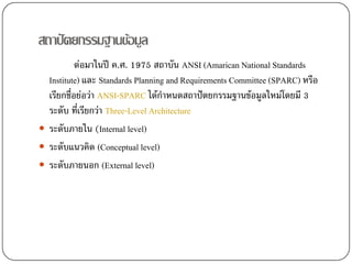 สถาปตยกรรมฐานขอมูล
          ตอมาในป ค.ศ. 1975 สถาบัน ANSI (Amarican National Standards
 Institute) และ Standards Planning and Requirements Committee (SPARC) หรือ
 เรียกชื่อยอวา ANSI-SPARC ไดกําหนดสถาปตยกรรมฐานขอมูลใหมโดยมี 3
 ระดับ ทีเรียกวา Three-Level Architecture
           ่
 ระดับภายใน (Internal level)
 ระดับแนวคิด (Conceptual level)
 ระดับภายนอก (External level)
 