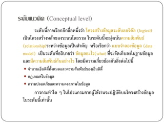 ระดับแนวคิด (Conceptual level)
        ระดับนี้อาจเรียกอีกชื่อหนึ่งวา โครงสรางขอมูลระดับลอจิคล (logical)
                                                                 ั
 เปนโครงสรางหลักของระบบโดยรวม ในระดับนี้จะมุงเนนความสัมพันธ
                                                      
 (relationship)ระหวางขอมูลเปนสําคัญ หรือเรียกวา แบบจําลองขอมูล (data
 model) เปนระดับที่อธิบายวา ขอมูลอะไร(what) ที่จะจัดเก็บลงในฐานขอมูล
 และมีความสัมพันธกันอยางไร โดยมีความเกี่ยวของกับสิ่งตอไปนี้
   จํานวนเอ็นติตทั้งหมดและความสัมพันธของเอ็นติตี้
                ี้
   กฏเกณฑในขอมูล
   ความปลอดภัยและความคงสภาพในขอมูล
      การกระทําใด ๆ ในโปรแกรมจากผูใชงานจะปฏิบัตบนโครงสรางขอมูล
                                                 ิ
 ในระดับนี้เทานั้น
 