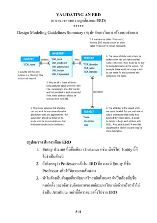 VALIDATING AN ERD
                 (การตรวจสอบความถูกต้องของ ERD)
                              *****
Design Modeling Guidelines Summary (สรุ ปหลักการในการสร้างแบบจาลอง)




     สรุปแนวทางในการเขียน ERD
           1. Entity ประเทศ ที่มีชื่อเพียง 1 Instance (เช่น เม็กซิ โก) Entity นี้ ก็
              ไม่จาเป็ นต้องมี
                            ่
           2. ถ้าเรี ยกครู วา Professor แล้วใน ERD ก็ควรจะมี Entity ที่ชื่อ
              Professor เพื่อให้มีความคงเส้นคงวา
           3. ทาไมต้องเก็บข้อมูลเกี่ยวกับมหาวิทยาลัยทั้งหมด? จาเป็ นต้องเก็บชื่อ
              คนก่อตั้ง และอธิการบดีคนแรกของแต่ละมหาวิทยาลัยด้วยหรื อ? ถ้าไม่
                                         ็
              จาเป็ น Attribute เหล่านี้กควรจะเอาทิ้งไปจาก ERD


                                       5-11
 