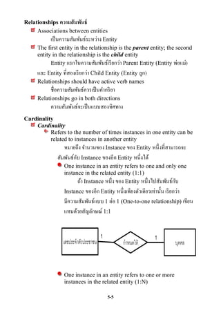 Relationships ความสั มพันธ์
     Associations between entities
           เป็ นความสัมพันธ์ระหว่าง Entity
     The first entity in the relationship is the parent entity; the second
     entity in the relationship is the child entity
           Entity แรกในความสัมพันธ์เรี ยกว่า Parent Entity (Entity พ่อแม่)
     และ Entity ที่สองเรี ยกว่า Child Entity (Entity ลูก)
     Relationships should have active verb names
           ชื่อความสัมพันธ์ควรเป็ นคากริ ยา
     Relationships go in both directions
           ความสัมพันธ์จะเป็ นแบบสองทิศทาง
Cardinality
    Cardinality
          Refers to the number of times instances in one entity can be
          related to instances in another entity
                หมายถึง จานวนของ Instance ของ Entity หนึ่งที่สามารถจะ
                       ั
              สัมพันธ์กบ Instance ของอีก Entity หนึ่งได้
                 One instance in an entity refers to one and only one
                 instance in the related entity (1:1)
                                                                     ั
                       ถ้า Instance หนึ่ง ของ Entity หนึ่งไปสัมพันธ์กบ
                 Instance ของอีก Entity หนึ่ งเพียงตัวเดียวเท่านั้น เรี ยกว่า
                 มีความสัมพันธ์แบบ 1 ต่อ 1 (One-to-one relationship) เขียน
                 แทนด้วยสัญลักษณ์ 1:1


                                   1                            1




                 One instance in an entity refers to one or more
                 instances in the related entity (1:N)

                                       5-5
 