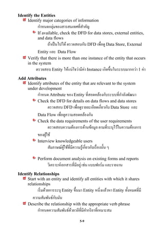 Identify the Entities
     Identify major categories of information
             กาหนดกลุ่มของสารสนเทศที่สาคัญ
             If available, check the DFD for data stores, external entities,
             and data flows
                   ถ้าเป็ นไปได้ ตรวจสอบกับ DFD เพื่อดู Data Store, External
            Entity และ Data Flow
      Verify that there is more than one instance of the entity that occurs
      in the system
           ตรวจสอบ Entity ให้แน่ใจว่ามีค่า Instance เกิดขึ้นในระบบมากกว่า 1 ค่า
Add Attributes
    Identify attributes of the entity that are relevant to the system
    under development
          กาหนด Attribute ของ Entity ที่สอดคล้องกับระบบที่กาลังพัฒนา
          Check the DFD for details on data flows and data stores
                ตรวจสอบ DFD เพื่อดูรายละเอียดเกี่ยวกับ Data Store และ
             Data Flow เพื่อดูความสอดคล้องกัน
             Check the data requirements of the user requirements
                    ตรวจสอบความต้องการด้านข้อมูล ตามที่ระบุไว้ในความต้องการ
             ของผูใช้
                  ้
             Interview knowledgeable users
                   สัมภาษณ์ผใช้ที่มีความรู้เกี่ยวกับเรื่ องนั้น ๆ
                            ู้

             Perform document analysis on existing forms and reports
                   วิเคราะห์เอกสารที่มีอยู่ เช่น แบบฟอร์ม และรายงาน
Identify Relationships
     Start with an entity and identify all entities with which it shares
     relationships
           เริ่ มด้วยการระบุ Entity ขึ้นมา Entity หนี่งแล้วหา Entity ทั้งหมดที่มี
                      ั
         ความสัมพันธ์กบมัน
      Describe the relationship with the appropriate verb phrase
             กาหนดความสัมพันธ์ดวยวลีที่มีคากริ ยาที่เหมาะสม
                               ้
                                           5-9
 
