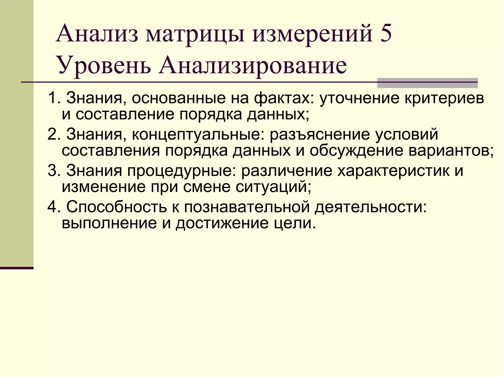 Анализ матрицы измерений 5
Уровень Анализирование
1. Знания, основанные на фактах: уточнение критериев
  и составление порядка данных;
2. Знания, концептуальные: разъяснение условий
  составления порядка данных и обсуждение вариантов;
3. Знания процедурные: различение характеристик и
  изменение при смене ситуаций;
4. Способность к познавательной деятельности:
  выполнение и достижение цели.
 