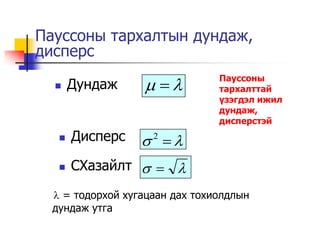 Пауссоны тархалтын дундаж,
дисперс

      Дундаж                Пауссоны
                                тархалттай
                                үзэгдэл ижил
                                дундаж,
                                дисперстэй
      Дисперс    2 
      СХазайлт   
   = тодорхой хугацаан дах тохиолдлын
  дундаж утга
 