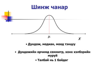 Шинж чанар




                                      x
      • Дундаж, медиан, моод тэнцүү

• Дундажийн орчимд семмитр, хонх хэлбэрийн
                 муруй
          • Талбай нь 1 байдаг
 