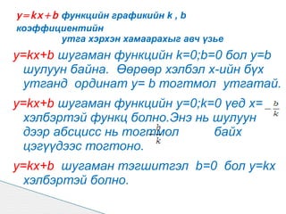 y=kx+b функцийн графикийн k , b
коэффициентийн
       утга хэрхэн хамаарахыг авч үзье
y=kx+b шугаман функцийн k=0;b=0 бол y=b
  шулуун байна. Өөрөөр хэлбэл х-ийн бүх
  утганд ординат y= b тогтмол утгатай.
y=kx+b шугаман функцийн y=0;k=0 үед x=
  хэлбэртэй функц болно.Энэ нь шулуун
  дээр абсцисс нь тогтмол      байх
  цэгүүдээс тогтоно.
y=kx+b шугаман тэгшитгэл b=0 бол y=kx
  хэлбэртэй болно.
 