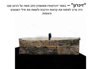 ‫"זיכרון" – בספר זיכרונותיו מאושוויץ כתב משה על הרגע שבו‬
   ‫היה צריך לפתוח את קרונות הרכבת ולשאת את תילי האנשים‬
                         ‫והגופות.‬
 