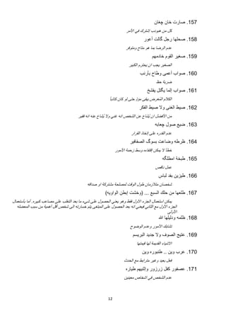 ‫751. ﺻﺎﺭﺕ ﺧﺎﻥ ﭼﻐﺎﻥ‬
                                                                      ‫ﻛﻝ ﻣﻥ ﻫﺑﻭﺩﺏ ﺇﺷﺗﺭﻙ ﻓﻲ ﺍﻷﻣﺭ‬
                                                                                  ‫851. ﺻﺣﻠﻬﺎ ﺭﺟﻝ ﮔﺎﻟﺕ ﺃﻋﻭﺭ‬
                                                                     ‫ﻋﺩﻡ ﺍﻟﺭﺿﺎ ﺑﻣﺎ ﻫﻭ ﻣﺗﺎﺡ ﻭﻣﺗﻭﻓﺭ‬
                                                                                        ‫951. ﺻﻐﻳﺭ ﺍﻟﻘﻭﻡ ﺧﺎﺩﻣﻬﻡ‬
                                                                       ‫ﺍﻟﺻﻐﻳﺭ ﻳﺟﺏ ﺍﻥ ﻳﺣﺗﺭﻡ ﺍﻟﻛﺑﻳﺭ‬
                                                                               ‫061. ﺻﻭﺍﺏ ﺃﻋﻣﻰ ﻭﻁﺎﺡ ﺑﺄﺭﻧﺏ‬
                                                                                           ‫ﺿﺭﺑﺔ ﺣﻅ‬
                                                                                    ‫161. ﺻﻭﺍﺏ ﺇﻟﻣﺎ ﻳﮕﺗﻝ ﻳﻔﺷﺦ‬
                                                           ‫ﺍﻟﻛﻼﻡ ﺍﻟﻣُﻐﺭﺽ ﻳﺑﻘﻰ ﻣﺅﺫ ﺣﺗﻰ ﻟﻭ ﻛﺎﻥ ﻛﺎﺫﺑﺎ ً‬
                                                                              ‫ٍ‬
                                                                              ‫261. ﺻﻳﻁ ﺍﻟﻐﻧﻰ ﻭﻻ ﺻﻳﻁ ﺍﻟﻔﻛﺭ‬
                                        ‫ﻣﻥ ﺍﻷﻓﺿﻝ ﺍﻥ ﻳُﺷﺎﻉ ﻋﻥ ﺍﻟﺷﺧﺹ ﺍﻧﻪ ﻏﻧﻲ ﻭﻻ ﻳُﺷﺎﻉ ﻋﻧﻪ ﺍﻧﻪ ﻓﻘﻳﺭ‬
                                                                                          ‫361. ﺿﻳﻊ ﺻﻭﻝ ﭼﻌﺎﺑﻪ‬
                                                                         ‫ﻋﺩﻡ ﺍﻟﻘﺩﺭﻩ ﻋﻠﻰ ﺇﺗﺧﺎﺫ ﺍﻟﻘﺭﺍﺭ‬
                                                                        ‫461. ﻅﺭﻁﻪ ﻭﺿﺎﻋﺕ ﺑﺳﻭگ ﺍﻟﺻﻔﺎﻓﻳﺭ‬
                                                               ‫ﺧﻁﺄ ﻻ ﻳﻣﻛﻥ ﺇﻗﺗﻔﺎءﻩ ﻭﺳﻁ ﺯﺣﻣﺔ ﺍﻷﻣﻭﺭ‬
                                                                                               ‫561. ﻁﺑﺧﺔ ﺍﻣﻁﻠﮕﻪ‬
                                                                                          ‫ﻋﻣﻝ ﻧﺎﻗﺹ‬
                                                                                            ‫661. ﻁﻳﺯﻳﻥ ﺑﻔﺩ ﻟﺑﺎﺱ‬
                                             ‫ﺷﺧﺻﺎﻥ ﻣﺗﻼﺯﻣﺎﻥ ﻁﻭﻝ ﺍﻟﻭﻗﺕ ﻟﻣﺻﻠﺣﺔ ﻣﺷﺗﺭﻛﺔ ﺍﻭ ﺻﺩﺍﻗﻪ‬
                                                        ‫761. ﻁﻠﻌﻬﺎ ﻣﻥ ﺣﻠﻙ ﺍﻟﺳﺑﻊ ... )ﻭﺧﺷﺕ ﺇﺑﻁﻥ ﺍﻟﻭﺍﻭﻳﻪ(‬
‫ﻳﻣﻛﻥ ﺍﺳﺗﻌﻣﺎﻝ ﺍﻟﺟﺯء ﺍﻻﻭﻝ ﻓﻘﻁ ﻭﻫﻭ ﻳﻌﻧﻲ ﺍﻟﺣﺻﻭﻝ ﻋﻠﻰ ﺷﻲء ﻣﺎ ﺑﻌﺩ ﺍﻟﺗﻐﻠﺏ ﻋﻠﻰ ﻣﺻﺎﻋﺏ ﻛﺑﻳﺭﻩ. ﺃﻣﺎ ﺑﺄﺳﺗﻌﻣﺎﻝ‬
   ‫ﺍﻟﺟﺯء ﺍﻷﻭﻝ ﻣﻊ ﺍﻟﺛﺎﻧﻲ ﻓﻳﻌﻧﻲ ﺍﻧﻪ ﺑﻌﺩ ﺍﻟﺣﺻﻭﻝ ﻋﻠﻰ ﺍﻟﻣﺑﺗﻐﻰ ﻳﺗﻡ ﺧﺳﺎﺭﺗﻪ ﺍﻟﻰ ﺷﺧﺹ ﺃﻗﻝ ﺃﻫﻣﻳﺔ ﻣﻥ ﺳﺑﺏ ﺍﻟﻣﻌﺿﻠﻪ‬
                                                                                               ‫ﺍﻷﻭﻟﻰ‬
                                                                                            ‫861. ﻅﻠﻣﻪ ﻭﺩﻟﻳﻠﻬﺎ ﷲ‬
                                                                        ‫ﺗﺷﺎﺑﻙ ﺍﻷﻣﻭﺭ ﻭﻋﺩﻡ ﺍﻟﻭﺿﻭﺡ‬
                                                                          ‫961. ﻋﺗﻳﺞ ﺍﻟﺻﻭﻑ ﻭﻻ ﺟﺩﻳﺩ ﺍﻟﺑﺭﻳﺳﻡ‬
                                                                             ‫ﺍﻻﺷﻳﺎء ﺍﻟﻘﺩﻳﻣﺔ ﻟﻬﺎ ﻗﻳﻣﺗﻬﺎ‬
                                                                                ‫071. ﻋﺭﺏ ﻭﻳﻥ .. ﻁﻧﺑﻭﺭﻩ ﻭﻳﻥ‬
                                                                    ‫ﻓﻌﻝ ﺑﻌﻳﺩ ﻭﻏﻳﺭ ﻣﺗﺭﺍﺑﻁ ﻣﻊ ﺍﻟﺣﺩﺙ‬
                                                                     ‫171. ﻋﺻﻔﻭﺭ ﻛﻔﻝ ﺯﺭﺯﻭﺭ ﻭﺇﺛﻧﻳﻬﻡ ﻁﻳﺎﺭﻩ‬
                                                                    ‫ﻋﺩﻡ ﺍﻟﺷﺧﺹ ﻓﻲ ﺍﺷﺧﺎﺹ ﻣﻌﻳﻧﻳﻥ‬



                                                          ‫21‬
 