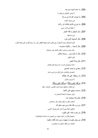 ‫402. ﻣﺎ ﻋﻧﺩﻩ ﻟﺣﻳﻪ ﻣﺳﺭﺣﻪ‬
                                                                ‫ﻻ ﻳﺷﻌﺭ ﺑﺎﻟﺧﺟﻝ ﻣﻥ ﻓﻌﻝ ﻣﺎ‬
                                                                       ‫502. ﻣﺎ ﻳﻌﺭﻑ ﻛﻭﻋﻪ ﻣﻥ ﺑﻭﻋﻪ‬
                                                                          ‫ﻓﻲ ﻭﺻﻑ ﺍﻟﻐﺑﺎء‬
                                                                  ‫ﱠ‬      ‫ﱠ‬
                                                                 ‫602. ﻣﺎ ﻳﺩﺭﻱ ﺑﺎﻟﺩﻧﻳﺎ ﻁﺷﺕ ﻟﻭ ﺭﺷﺕ‬
                                                                     ‫ﻻ ﻳﻔﻘﻪ ﻓﻲ ﺍﻷﻣﺭ ﺷﻲء‬
                                                                         ‫702. ﻣﺎﻝ ﺍﻟﺑﺧﻳﻝ ﻳﺎ ﻛﻠﻪ ﺍﻟﻌﻳﺎﺭ‬
                                                                                 ‫ﻓﻲ ﺫﻡ ﺍﻟﺑﺧﻝ‬
                                                                           ‫802. ﻣﺛﻝ ﺍﻟﺳﻣﭼﻪ ﺍﻟﻣﺯﻭﻫﺭﻩ‬
‫ﻛﺛﺭﺓ ﺍﻟﺣﺭﻛﺔ ﻭﻋﺩﻡ ﺍﻻﺳﺗﻘﺭﺍﺭ ﻓﻲ ﻣﻛﺎﻥ ﻭﺍﺣﺩ ﻧﺗﻳﺟﺔ ﺍﻟﺗﻔﻛﻳﺭ ﺑﺄﻣﺭ ﻣﺎ ﻭﻋﺩﻡ ﺍﻟﻘﺩﺭﺓ ﻋﻠﻰ ﺇﺗﺧﺎﺫ ﺍﻟﻘﺭﺍﺭ‬
                                                                   ‫902. ﻣﺛﻝ ﺍﻟﺳﺟﻪ .. ﻣﺎﻛﻭﻟﻪ ﻣﺫﻣﻭﻣﻪ‬
                                               ‫ﻋﻣﻝ ﺟﻳﺩ ﻭﻣﺭﻏﻭﺏ ﻭﻟﻛﻥ ﻧﺗﺎﺋﺟﻪ ﻏﻳﺭ ﻣﺳﺗﺣﺑﺔ‬
                                                                ‫012. ﻣﺛﻝ ﺃﻡ ﺍﻟﺑﺯﺍﺯﻳﻥ .. ﻳﻭﻣﻳﻪ ﺑﻣﻛﺎﻥ‬
                                                                                      ‫ﻛﺛﺭﺓ ﺍﻟﺗﻧﻘﻝ‬
                                                                                        ‫112. ﻣﺛﻝ ﺑﻭﻟﺔ ﺍﻟﺑﻌﻳﺭ‬
                                                ‫ﺩﺍﺋﻣﺎ ً ﺗﺭﺟﻊ ﺍﻟﻰ ﺍﻟﻭﺭﺍء ﻭﻻ ﻳﻭﺟﺩ ﺗﻘﺩﻡ ﺑﺎﻟﻌﻣﻝ‬
                                                                          ‫212. ﻣﺟﺩﻱ ﻣﺎ ﻳﺣﺏ ﺇﻣﺟﺩﻱ‬
                                                ‫ﺷﺧﺻﺎﻥ ﻳﺗﻧﺎﻓﺳﺎﻥ ﻋﻠﻰ ﺍﻟﻧﻳﻝ ﻣﻥ ﺷﻲء ﻭﺍﺣﺩ‬
                                                                       ‫312. ﻣﺩ ﺭﺟﻠﻳﻙ ﻋﻠﻰ ﻛﺩ ﻏﻁﺎﻙ‬
                                                                                     ‫ُ‬
                                                                           ‫ﻻ ﺗﺳﺭﻑ ﺑﺎﻟﻣﺎﻝ‬
                                                        ‫412. ﻣﺭﮔﺗﻪ ﻋﻠﻰ ﺯﻳﺎﮔﻪ / ﻣﺭﮔﺗﻧﺎ ﻋﻠﻰ ﺯﻳﺎﮔﻧﺎ‬
                                                        ‫‪U‬‬                    ‫‪U‬‬    ‫‪U‬‬                  ‫‪U‬‬




                                        ‫ﺃﻱ ﺃﺧﻁﺎء ﻧﺭﺗﻛﺑﻬﺎ ﺳﻭﻑ ﺗﻌﻭﺩ ﺑﺎﻟﺿﺭﺭ ﺍﻟﻣﺑﺎﺷﺭ ﻋﻠﻳﻧﺎ‬
                                                                         ‫512. ﻣﺳﻌﺩﻩ ﻭﺑﻳﺗﭻ ﻋﻠﻰ ﺍﻟﺷﻁ‬
                                                            ‫ﺗﻭﻓﺭ ﻣﺳﺑﺑﺎﺕ ﺍﻟﺳﻌﺎﺩﺓ ﻟﺷﺧﺹ ﻣﺎ‬
                                                                                 ‫612. ﻣﻛﺭﻭﻫﻪ ﻭﭼﺎﺑﺕ ﺑﺕ‬
                                                    ‫ﺷﺧﺹ ﻣﻛﺭﻭﻩ ﻭﻳﻘﻭﻡ ﺑﻌﻣﻝ ﻏﻳﺭ ﻣﺳﺗﺣﺳﻥ‬
                                                              ‫712. ﻣﻥ ﺑﺭﻩ ﻫﻠﻪ ﻫﻠﻪ ﻭﻣﻥ ﺟﻭﻩ ﻳﻌﻠﻡ ﷲ‬
                                                 ‫ﺍﻟﻣﻅﻬﺭ ﺍﻟﺧﺎﺭﺟﻲ ﻻ ﻳﺩﻝ ﻋﻠﻰ ﺟﻭﻫﺭ ﺍﻟﺷﻲء‬
                                                                       ‫812. ﻣﻥ ﺑﻌﺭﻩ ﻭﻓﺕ ﻋﻠﻰ ﻅﻬﺭﻩ‬
                              ‫ﺍﺳﺗﻌﻣﺎﻝ ﻛﻼﻡ ﺍﻭ ﺍﺷﻳﺎء ﻧﺗﺟﺕ ﻣﻥ ﺷﺧﺹ ﻣﺎ ﻭﺍﻋﺎﺩﺓ ﺍﺳﺗﻌﻣﺎﻟﻬﺎ ﻟﻪ‬
                                               ‫912. ﻣﻥ ﭼﺎﻥ ﻁﻳﺏ ﻣﺎ ﺣﭼﻳﺕ ﻭﻣﻥ ﻣﺎﺕ ﮔﻠﺕ ﺍﺑﺗﻠﻳﺕ‬
                                                      ‫ﺍﻟﺧﻭﻑ ﻣﻥ ﺇﻧﺗﻘﺎﺩ ﺷﺧﺹ ﻣﺎ ﺑﺣﺿﻭﺭﻩ‬

                                               ‫51‬
 