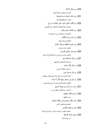 ‫022. ﻣﻥ ﺣﺑﻙ ﻻﺷﺎﻙ‬
                ‫ﺍﻟﺗﺣﺭﺵ ﺑﺷﺧﺹ ﻟﺯﻳﺎﺩﺓ ﺍﻟﻣﺣﺑﻪ‬
                      ‫122. ﻣﻥ ﺷﺎﻑ ﺍﺣﺑﺎﺑﻪ ﻧﺳﻪ ﺍﺻﺣﺎﺑﻪ‬
                     ‫ﻟﻠﻌﺗﺏ ﻋﻥ ﻗﻁﻊ ﺍﻟﺗﻭﺍﺻﻝ‬
         ‫222. ﻣﻥ ﮔﻠـ ﱠﺕ ﺍﻟﺧﻳﻝ ﺷﺩﻭﺍ ﻋﻠﻰ ﺍﻟﭼﻼﺏ ﺳﺭﻭﺝ‬
   ‫ﻣﻬﻣﺎﺕ ﺻﻌﺑﺔ ﺃﻧﻳﻁﺕ ﺑﺄﺷﺧﺎﺹ ﻏﻳﺭ ﻛﻔﻭﺋﻳﻳﻥ‬
                             ‫322. ﻣﻥ ﻫﺎﻟﻣﺎﻝ ﺣﻣﻝ ﺟﻣﺎﻝ‬
         ‫ﻟﻸﺳﺗﻬﺯﺍء ﻣﻥ ﻗﻳﻣﺔ ﺷﻲء ﺍﻭ ﺷﺧﺹ ﻣﺎ‬
                                ‫ّ‬      ‫ّ‬
                              ‫422. ﻣﻥ ﺷﺎﺏ ﻭﺩﻭﻩ ﻟﻠﻛﺗﺎﺏ‬
                        ‫ﺍﻟﺗﻌﻠﻡ ﻓﻲ ﻭﻗﺕ ﻣﺗﺄﺧﺭ‬
                   ‫522. ﻣﻧﻭ ﻳﻌﺭﻑ ﻓﻁﻳﻣﻪ ﺑﺳﻭگ ﺍﻟﻐﺯﻝ‬
                         ‫ﺷﺧﺹ ﻏﻳﺭ ﻣﻌﺭﻭﻑ‬
                            ‫622. ﻣﻬﺭﻭﺵ ﻭﻁﺎﺡ ﺑﻛﺭﻭﺵ‬
 ‫ﺷﺧﺹ ﻣﺣﺭﻭﻡ ﻣﻥ ﺷﻲء ﻣﺎ ﻭﻓﺟﺄﺓ ﻳﺗﺎﺡ ﻟﻪ ﺑﻭﻓﺭﻩ‬
                               ‫722. ﻣﻭ ﻛﻝ ﺃﺻﺎﺑﻌﻙ ﺳﻭﻩ‬
                  ‫ﻟﻳﺱ ﻛﻝ ﺍﻷﺷﺧﺎﺹ ﻣﺗﺷﺎﺑﻬﻳﻥ‬
                                 ‫822. ﻣﻭ ﻛﻝ ﺩﮔﻪ ﺯﻻﺑﻳﻪ‬
                      ‫ﻻ ﻳﺑﺗﺳﻡ ﺍﻟﺣﻅ ﻟﻙ ﻣﺭﺗﻳﻥ‬
                                ‫922. ﻣﻭ ﻛﻝ ﻣﺩﻋﺑﻝ ﺟﻭﺯ‬
 ‫ﺗﺷﺎﺑﻪ ﺍﻻﺷﻳﺎء ﻣﻥ ﺍﻟﺧﺎﺭﺝ ﻻ ﻳﻌﻧﻲ ﺗﻣﺎﺛﻝ ﺑﻭﺍﻁﻧﻬﺎ‬
              ‫032. ﻣﻭ ﻛﻝ ﻣﻥ ﺻﺧﻡ ﻭﺟﻬﻪ ﮔﺎﻝ ﺃﻧﺎ ﺣﺩﺍﺩ‬
 ‫ﺍﻟﺗﻅﺎﻫﺭ ﺑﻛﻭﻧﻙ ﺗﺗﻘﻥ ﻋﻣﻝ ﻣﺎ ﻻ ﻳﻌﻧﻲ ﺇﻧﻙ ﺗﺟﻳﺩﻩ‬
                    ‫132. ﻣﻭﺕ ﻳﺎ ﺯﻣﺎﻝ ﻟﻣﻥ ﻳﺟﻳﻙ ﺍﻟﺭﺑﻳﻊ‬
             ‫ﻻ ﻓﺎﺋﺩﻩ ﻣﻥ ﺍﻻﻧﺗﻅﺎﺭ ﺑﺗﺣﻘﻕ ﺃﻣﺭ ﻣﺎ‬
                                 ‫232. ﻧﺎﺭﻫﻡ ﺗﺄﻛﻝ ﺣﻁﺑﻬﻡ‬
                                ‫ﺳﻭء ﺗﺧﻁﻳﻁ‬
               ‫332. ﻧﺎﺱ ﺗﺄﻛﻝ ﺩﺟﺎﺝ ﻭﻧﺎﺱ ﺗﺗﻠﻛﻪ ﺍﻟﻌﺟﺎﺝ‬
                     ‫ﺍﻟﺣﻅ ﻳﺑﺗﺳﻡ ﻟﺑﻌﺽ ﺍﻟﻧﺎﺱ‬
                               ‫432. ﻧﺎﻳﻡ ﻭﺭﺟﻠﻳﻪ ﺑﺎﻟﺷﻣﺱ‬
‫ﻭﺻﻑ ﺷﺧﺹ ﻻ ﻳﻌﺭﻑ ﻣﺎ ﻳﺩﻭﺭ ﺣﻭﻟﻪ ﻓﻰ ﺍﺣﺩﺍﺙ‬
                                 ‫532. ﻧﺟﻭﻡ ﺍﻟﺳﻣﺎ ﺃﻗﺭﺑﻠﻙ‬
                              ‫ﺃﻣﺭ ﺑﻌﻳﺩ ﺍﻟﻣﻧﺎﻝ‬

   ‫61‬
 