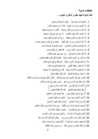 ‫ﻤﻘﺘطﻔﺎت ﺸﻌرﻴﺔ‬
                                        ‫ﻟﻌدة ﺸﻌ اء ﻓﻴﻬﺎ ﺤﻛم و أﻤﺜﺎﻝ و ﺘﺠﺎرب ..‬
                                                                     ‫ر‬

                                 ‫ﻭﻟﻛﻥ ﻻ ﺣﻳﺎﺓ ﻟﻣﻥ ﺗﻧﺎﺩﻱ‬        ‫1. ﺃﺳﻣﻌﺕ ﻟﻭ ﻧﺎﺩﻳﺕ ﺣﻳﺎ ً‬
                           ‫ﻓﻼ ﺑﺩ ﺃﻥ ﻳﺳﺗﺟﻳﺏ ﺍﻟﻘﺩﺭ‬         ‫2. ﺇﺫﺍ ﺍﻟﺷﻌﺏ ﻳﻭﻣﺎ ﺃﺭﺍﺩ ﺍﻟﺣﻳﺎﺓ‬
                    ‫ﻓﻛﻝ ﺭﺩﺍء ﻳﺭﺗﺩﻳﻪ ﺟﻣﻳﻝ‬
                    ‫ُ‬           ‫ٍ‬             ‫3. ﺇﺫﺍ ﺍﻟﻣﺭء ﻟﻡ ﻳﺩﻧﺱ ﻣﻥ ﺍﻟﻠﺅﻡ ﻋِ ﺭﺿﻪ‬
                                               ‫َ‬
                     ‫ﻟﻪ ﻋﻥ ﻋﺩﻭ ﻓﻲ ﺛﻳﺎﺏ ﺻﺩﻳﻕ‬           ‫4. ﺇﺫﺍ ﺍﻣﺗﺣﻥ ﺍﻟﺩﻧﻳﺎ ﻟﺑﻳﺏ ﺗﻛﺷﻔﺕ‬
                     ‫ﻭﺇﻥ ﺃﻧﺕ ﺃﻛﺭﻣﺕ ﺍﻟﻠﺋﻳﻡ ﺗﻣﱠﺭﺩﺍ‬
                            ‫َ‬                           ‫ُ‬     ‫َ‬      ‫َ‬
                                                        ‫5. ﺇﺫﺍ ﺃﻧﺕ ﺃﻛﺭﻣﺕ ﺍﻟﻛﺭﻳﻡ ﻣﻠﻛﺗﻪ‬
          ‫ﻅﻣﺋﺕ ﻭﺃﻱ ﺍﻟﻧﺎﺱ ﺗﺻﻔﻭ ﻣﺷﺎﺭﺑﻪ‬          ‫6. ﺇﺫﺍ ﺃﻧﺕ ﻟﻡ ﺗﺷﺭﺏ ﻣﺭﺍﺭﺍ ﻋﻠﻰ ﺍﻟﻘﺫﻯ‬
                   ‫ﺑﺣﺯﻡ ﻧﺎﺻﺢ ﺃﻭ ﻧﺻﻳﺣﺔ ﺣﺎﺯﻡ‬          ‫7. ﺇﺫﺍ ﺑﻠﻎ ﺍﻟﺭﺃﻱ ﺍﻟﻣﺷﻭﺭﺓ ﻓﺎﺳﺗﻌﻥ‬
                          ‫ﻓﻼ ﺗﻅﻧﻥ ﺃﻥ ﺍﻟﻠﻳﺙ ﻳﺑﺗﺳﻡ‬        ‫8. ﺇﺫﺍ ﺭﺃﻳﺕ ﻧﻳﻭﺏ ﺍﻟﻠﻳﺙ ﺑﺎﺭﺯﺓ‬
                          ‫ﻳﻣﺭ ﺑﻬﻡ ﻋﻠﻰ ﺟﻳﻑ ﺍﻟﻛﻼﺏ‬            ‫9. ﺇﺫﺍ ﻛﺎﻥ ﺍﻟﻐﺭﺍﺏ ﺩﻟﻳﻝ ﻗﻭﻡ‬
                ‫ﻓﺷﻳﻣﺔ ﺃﻫﻝ ﺍﻟﺑﻳﺕ ﻛﻠﻬﻡ ﺍﻟﺭﻗﺹ‬       ‫01. ﺇﺫﺍ ﻛﺎﻥ ﺭﺏ ﺍﻟﺑﻳﺕ ﺑﺎﻟﺩﻑ ﻣﻭﻟﻌﺎ‬
                     ‫ﺻﺩﻳﻘﻙ ﻟﻡ ﺗﻠﻕ ﺍﻟﺫﻱ ﺗﻌﺎﺗﺑﻪ‬       ‫11. ﺇﺫﺍ ﻛﻧﺕ ﻓﻲ ﻛﻝ ﺍﻷﻣﻭﺭ ﻣﻌﺎﺗﺑﺎ ً‬
                           ‫ﻭﻟﻡ ﺗﺳﺗﺢ ﻓﺎﺻﻧﻊ ﻣﺎ ﺗﺷﺎء‬         ‫21. ﺇﺫﺍ ﻟﻡ ﺗﺧﺵ ﻋﺎﻗﺑﺔ ﺍﻟﻠﻳﺎﻟﻲ‬
                     ‫ﻓﻼ ﺭﺃﻱ ﻟﻠﻣﺿﻁﺭ ﺇﻻ ﺭﻛﻭﺑﻬﺎ‬            ‫31. ﺇﺫﺍ ﻟﻡ ﻳﻛﻥ ﺇﻻ ﺍﻷﺳﻧﻪ ﻣﺭﻛﺑﺎ ً‬
                               ‫ﻓﺄﻥ ﻟﻛﻝ ﺧﺎﻓﻘﺔ ﺳﻛﻭﻥُ‬
                                     ‫ٍ‬                    ‫41. ﺇﺫﺍ ﻫﺑﺕ ﺭﻳﺎﺣﻙ ﻓﺎﻏﺗﻧﻣﻬﺎ‬
‫ﻓﺎﻟﻧﺎﺭ ﺗﺄﻛﻝ ﺑﻌﺿﻬﺎ ﺇﻥ ﻟﻡ ﺗﺟﺩ ﻣﺎ ﺗﺄﻛﻠﻪ‬   ‫51. ﺃﺻﺑﺭ ﻋﻠﻰ ﻛﻳﺩ ﺍﻟﺣﺳﻭﺩ ﻓﺈﻥ ﺻﺑﺭﻙ ﻗﺎﺗﻠﻪ‬
                 ‫ﻭﺧﻳﺭ ﺟﻠﻳﺱ ﻓﻲ ﺍﻟﺯﻣﺎﻥ ﻛﺗﺎﺏ‬          ‫61. ﺃﻋﺯ ﻣﻛﺎﻥ ﻓﻲ ﺍﻟﺩﻧﺎ ﺳﺭﺝ ﺳﺎﺑﺢ‬
                               ‫ﻓﻠﻣﺎ ﺍﺷﺗﺩ ﺳﺎﻋﺩﻩ ﺭﻣﺎﻧﻰ‬       ‫71. ﺃﻋﻠﻣﻪ ﺍﻟﺭﻣﺎﻳﺔ ﻛﻝ ﻳﻭﻡ‬
                                     ‫ً‬
                               ‫ﻓﻠﻣﺎ ﻗﺎﻝ ﻗﺎﻓﻳﺔ ﻫﺟﺎﻧﻲ‬       ‫ﻭﻛﻡ ﻋﻠﻣﺗﻪ ﻧﻅﻡ ﺍﻟﻘﻭﺍﻓﻲ‬
                          ‫ﻫﻼ ﻟﻧﻔﺳﻙ ﻛﺎﻥ ﺫﺍ ﺍﻟﺗﻌﻠﻳﻡ‬       ‫81. ﺃﻻ ﺃﻳﻬﺎ ﺍﻟﺭﺟﻝ ﺍﻟﻣﻌﻠﻡ ﻏﻳﺭﻩ‬
                            ‫ﻓﺄﺧﺑﺭﻩ ﺑﻣﺎ ﻓﻌﻝ ﺍﻟﻣﺷﻳﺏ‬        ‫91. ﺃﻻ ﻟﻳﺕ ﺍﻟﺷﺑﺎﺏ ﻳﻌﻭﺩ ﻳﻭﻣﺎ ً‬
                          ‫ﺃﻋﺩﺩﺕ ﺷﻌﺑﺎ ً ﻁﻳﺏ ﺍﻷﻋﺭﺍﻕ‬          ‫02. ﺍﻷﻡ ﻣﺩﺭﺳﺔ ﺇﺫﺍ ﺃﻋﺩﺩﺗﻬﺎ‬
                ‫ﱢ‬           ‫ﱡ‬      ‫ﱢِ‬
         ‫ﻓﻰ ﺣــﺩﻩ ﺍﻟـﺣـﺩ ﺑﻳــﻥ ﺍﻟﺟـﺩ ﻭﺍﻟﻠﻌﺏ‬
         ‫ِ‬                                     ‫ُُ‬        ‫ً‬
                                              ‫12. ﺍﻟﺳــﻳﻑ ﺃﺻﺩﻕ ﺃﻧﺑــﺎء ﻣــﻥ ﺍﻟﻛﺗﺏ‬
                            ‫ﻭﺍﻟﺣــﺭ ﺗــﻛﻔﻳـﻪ ﺍﻹﺷــﺎﺭﺓ‬      ‫22. ﺍﻟﻌﺑـــﺩ ﻳــﻘﺭﻉ ﺑﺎﻟﻌﺻـــﺎ‬
                    ‫ﻭﺍﻟﺟﻬﻝ ﻳﻬﺩﻡ ﺑﻳﺕ ﺍﻟﻌﺯ ﻭﺍﻟﺷﺭﻑ‬          ‫32. ﺍﻟﻌﻠﻡ ﻳﺭﻓﻊ ﺑﻳﺗﺎ ﻻ ﻋﻣﺎﺩ ﻟﻪ‬
              ‫42. ﺍﻟﻌﻳﻥ ﺗﻧﻛﺭ ﺿﻭء ﺍﻟﺷﻣﺱ ﻣﻥ ﺭﻣﺩ ﻭﻳﻧﻛﺭ ﺍﻟﻔﻡ ﻁﻌﻡ ﺍﻟﻣﺎء ﻣﻥ ﺳﻘﻡ‬
              ‫ِ‬                            ‫ٍ‬
                  ‫52. ﺍﻟﻣﺳﺗﺟﻳﺭ ﺑﻌﻣﺭﻭ ﻋﻧﺩ ﻛﺭﺑﺗﻪ ﻛﺎﻟﻣﺳﺗﺟﻳﺭ ﻣﻥ ﺍﻟﺭﻣﺿﺎء ﺑﺎﻟﻧﺎﺭ‬
                       ‫ﻭﻣﻥ ﻳﺿﺭ ﻧﻔﺳﻪ ﻟﻳﻧﻔﻌﻙ‬         ‫62. ﺇﻥ ﺃﺧﺎﻙ ﺍﻟﺣﻕ ﻣﻥ ﻳﺳﻌﻰ ﻣﻌﻙ‬
                          ‫23‬
 