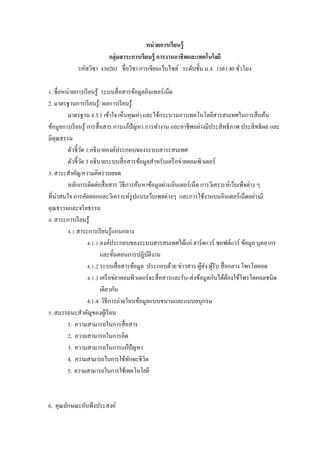 หน่ วยการเรียนรู้
                        กลุ่มสาระการเรียนรู้ การงานอาชี พและเทคโนโลยี
            รหัสวิชา ง30201 ชื$อวิชา การเขียนเว็บไซต์ ระดับชั5น ม.4 เวลา 40 ชัวโมง
                                                                              $

Z. ชื$อหน่วยการเรี ยนรู ้ ระบบสื$ อสารข้อมูลอินเทอร์ เน็ต
2. มาตรฐานการเรี ยนรู ้/ ผลการเรี ยนรู ้
         มาตรฐาน ง 3.1 เข้าใจ เห็นคุณค่า และใช้กระบวนการเทคโนโลยีสารสนเทศในการสื บค้น
ข้อมูลการเรี ยนรู ้ การสื$ อสาร การแก้ปัญหา การทํางาน และอาชีพอย่างมีประสิ ทธิ ภาพ ประสิ ทธิ ผล และ
มีคุณธรรม
         ตัวชี5วด 1.อธิ บายองค์ประกอบของระบบสาระสนเทศ
                ั
         ตัวชี5วด 3 อธิ บายระบบสื$ อสารข้อมูลสําหรับเครื อข่ายคอมพิวเตอร์
                  ั
V. สาระสําคัญ/ความคิดรวบยอด
         หลักการติดต่อสื$ อสาร วิธีการค้นหาข้อมูลผ่านอินเตอร์ เน็ต การวิเคราะห์เว็บเพ็จต่าง ๆ
ที$น่าสนใจ การคัดลอกและวิเคราะห์รูปแบบเว็บเพจต่างๆ และการใช้งานบนอินเตอร์ เน็ตอย่างมี
คุณธรรมและจริ ยธรรม
W. สาระการเรี ยนรู ้
         W.Z สาระการเรี ยนรู ้แกนกลาง
                    W.Z.Z องค์ประกอบของระบบสารสนเทศได้แก่ ฮาร์ ดแวร์ ซอฟต์แวร์ ข้อมูล บุคลากร
                           และขั5นตอนการปฏิบติงาน
                                               ั
                    W.Z.[ ระบบสื$ อสารข้อมูล ประกอบด้วย ข่าวสาร ผูส่ง ผูรับ สื$ อกลาง โพรโตคอล
                                                                        ้ ้
                    W.Z.V เครื อข่ยาคอมพิวเตอร์ จะสื$ อสารและรับ-ส่ งข้อมูลกันได้ตองใช้โพรโตคอลชนิด
                                                                                  ้
                           เดียวกัน
                    4.1.4 วิธีการถ่ายโอนข้อมูลแบบขนานและแบบอนุกรม
. สมรรถนะสําคัญของผูเ้ รี ยน
         1. ความสามารถในการสื$ อสาร
         2. ความสามารถในการคิด
         3. ความสามารถในการแก้ปัญหา
         4. ความสามารถในการใช้ทกษะชีวิตั
         5. ความสามารถในการใช้เทคโนโลยี



6. คุณลักษณะอันพึงประสงค์
 