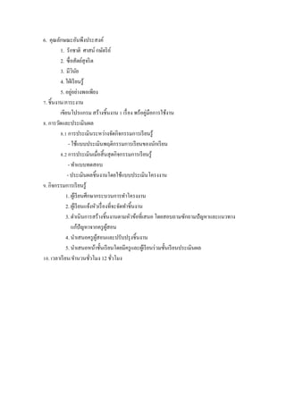 6. คุณลักษณะอันพึงประสงค์
         1. รักชาติ ศาสน์ กษัตริ ย ์
         2. ซื$ อสัตย์สุจริ ต
         3. มีวนย  ิ ั
         4. ใฝ่ เรี ยนรู ้
                 ่
         5. อยูอย่างพอเพียง
]. ชิ5นงาน/ภาระงาน
         เขียนโปรแกรม สร้างชิ5นงาน Z เรื$ อง พร้อคู่มือการใช้งาน
w. การวัดและประเมินผล
         w.Z การประเมินระหว่างจัดกิจกรรมการเรี ยนรู ้
              - ใช้แบบประเมินพฤติกรรมการเรี ยนของนักเรี ยน
         w.[ การประเมินเมื$อสิ5 นสุ ดกิจกรรมการเรี ยนรู ้
              - ทําแบบทดสอบ
             - ประเมินผลชิ5นงานโดยใช้แบบประเมินโครงงาน
x. กิจกรรมการเรี ยนรู ้
             1. ผูเ้ รี ยนศึกษากระบวนการทําโครงงาน
             2. ผูเ้ รี ยนแจ้งหัวเรื$ องที$จะจัดทําชิ5นงาน
             3. ดําเนินการสร้างชิ5นงานตามหัวข้อที$เสนอ โดยสอบถามซักถามปั ญหาและแนวทาง
                แก้ปัญหาจากครู ผสอน     ู้
             4. นําเสนอครู ผสอนและปรับปรุ งชิ5นงาน
                                ู้
             5. นําเสนอหน้าชั5นเรี ยนโดยมีครู และผูเ้ รี ยนร่ วมชั5นเรี ยนประเมินผล
Zy. เวลาเรี ยน/จํานวนชัวโมง 12 ชัวโมง
                             $             $
 