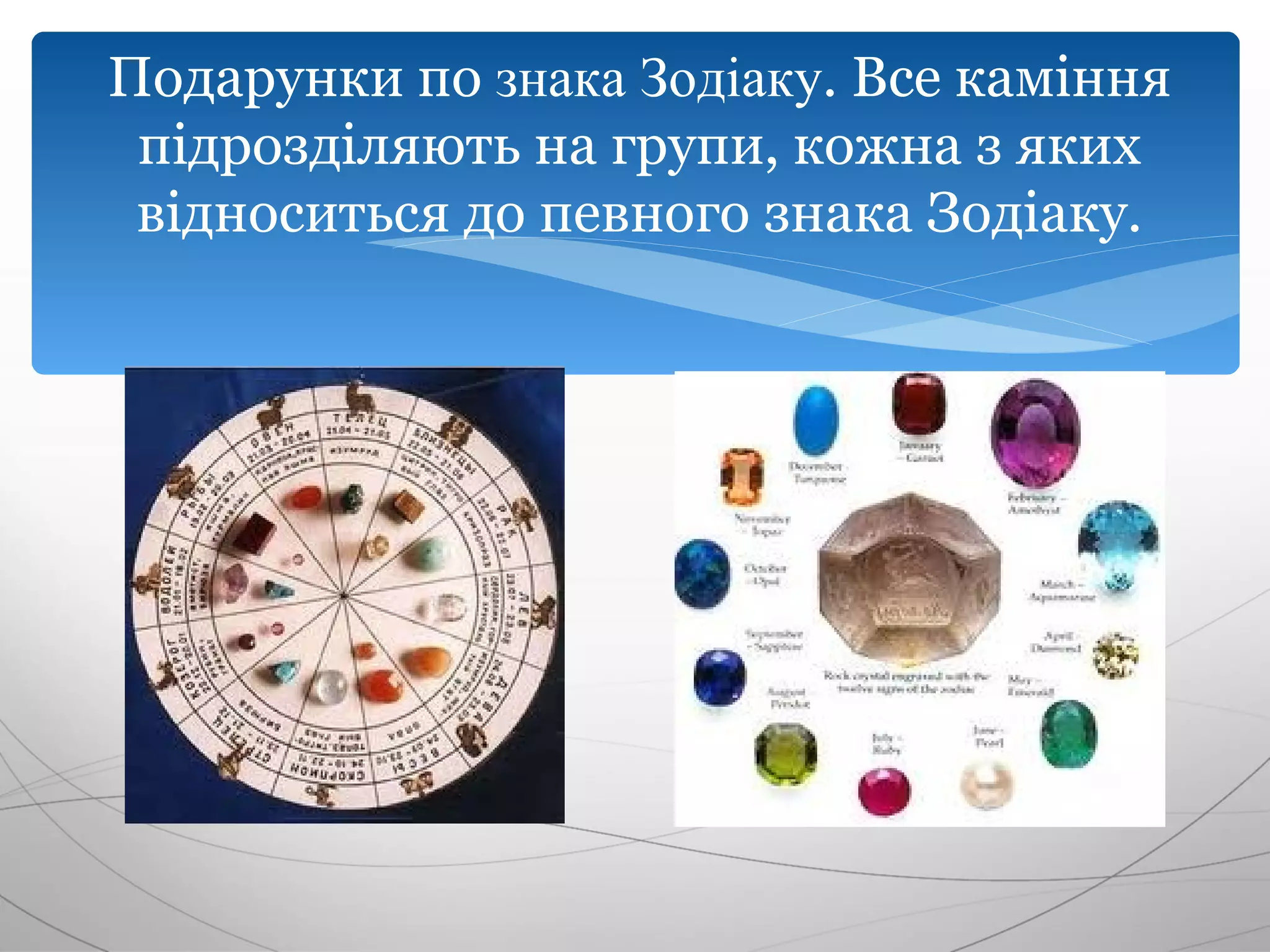 Подарунки по знака Зодіаку. Все каміння
 підрозділяють на групи, кожна з яких
 відноситься до певного знака Зодіаку.
 