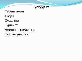Тулгуур үг
Төсөлт ажил
Сэдэв
Судалгаа
Туршилт
Ажиглалт тэмдэглэл
Тайлан үнэлгээ
 