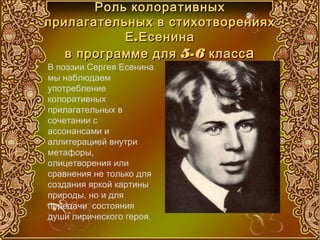 Роль колоративных
    прилагательных в стихотворениях
                Е . Есенина
       в п рограмме для 5-6 класс а
•   В поэзии Сергея Есенина
    мы наблюдаем
    употребление
    колоративных
    прилагательных в
    сочетании с
    ассонансами и
    аллитерацией внутри
    метафоры,
    олицетворения или
    сравнения не только для
    создания яркой картины
    природы, но и для
    передачи состояния
    души лирического героя.
 