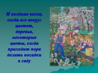 И поздняя весна,
когда все вокруг
    цветет,
    деревья,
  некоторые
 цветы, когда
приходит пора
делать посадки
     в саду
 