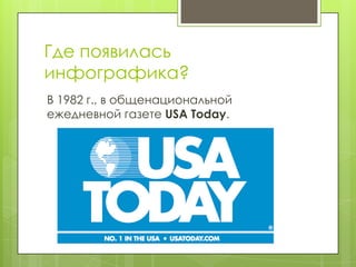 Где появилась
инфографика?
В 1982 г., в общенациональной
ежедневной газете USA Today.
 