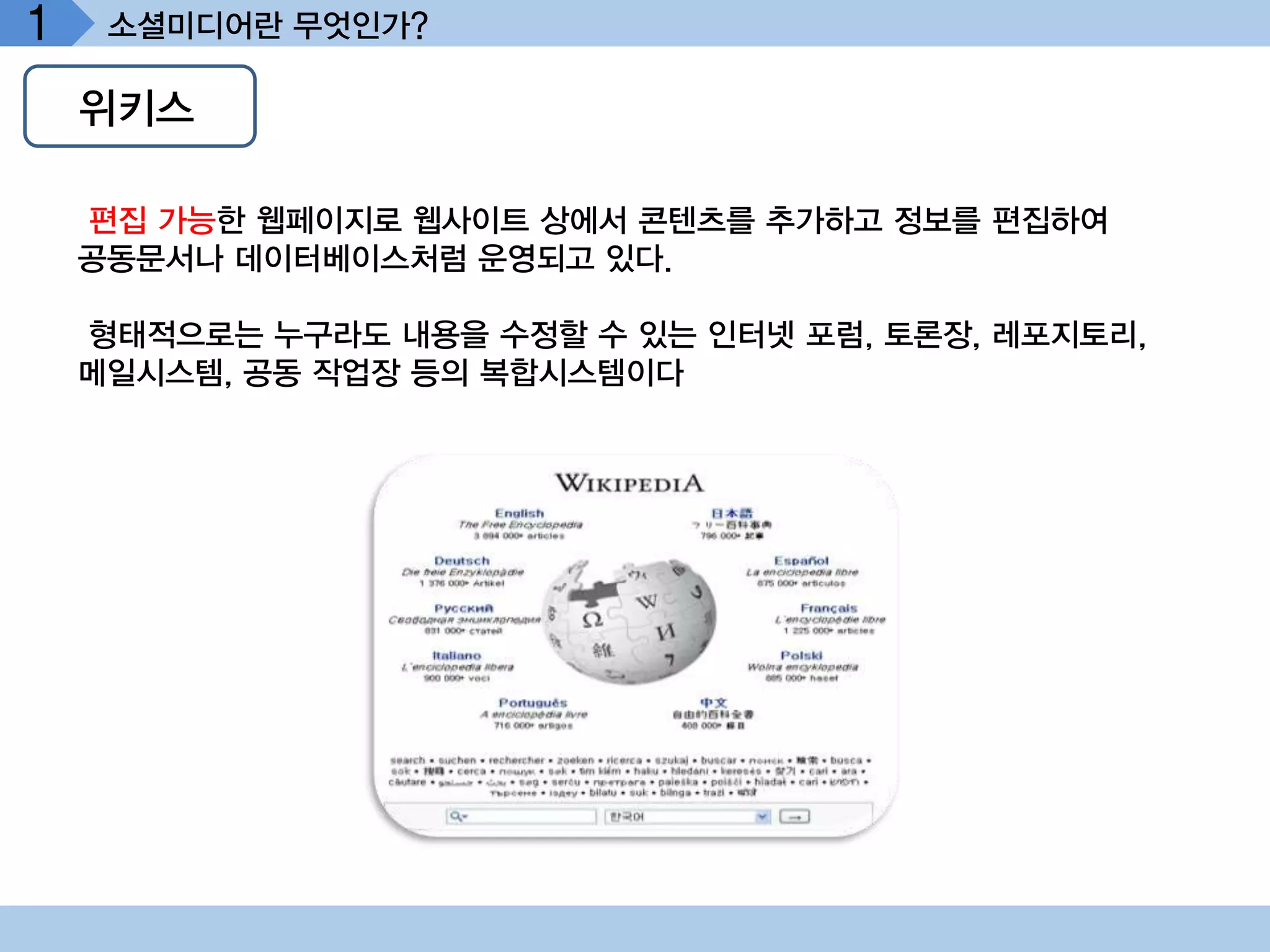 1    소셜미디어란 무엇인가?

    위키스

    편집 가능한 웹페이지로 웹사이트 상에서 콘텐츠를 추가하고 정보를 편집하여
    공동문서나 데이터베이스처럼 운영되고 있다.

    형태적으로는 누구라도 내용을 수정할 수 있는 인터넷 포럼, 토론장, 레포지토리,
    메일시스템, 공동 작업장 등의 복합시스템이다
 