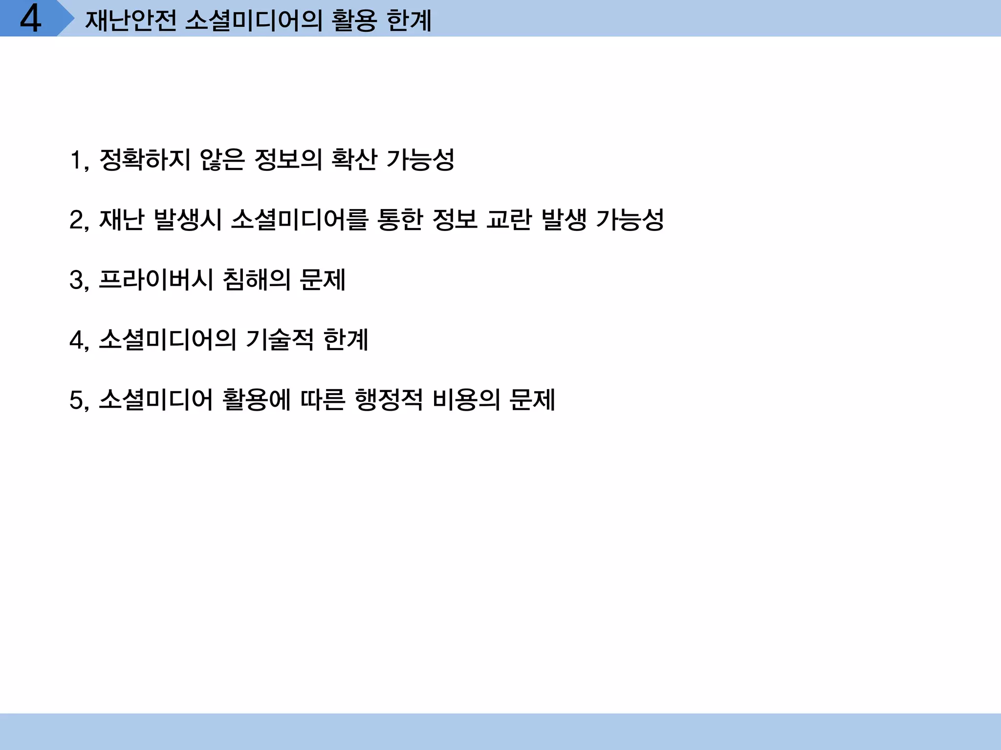 4   재난안전 소셜미디어의 활용 한계




    1, 정확하지 않은 정보의 확산 가능성

    2, 재난 발생시 소셜미디어를 통한 정보 교란 발생 가능성

    3, 프라이버시 침해의 문제

    4, 소셜미디어의 기술적 한계

    5, 소셜미디어 활용에 따른 행정적 비용의 문제
 