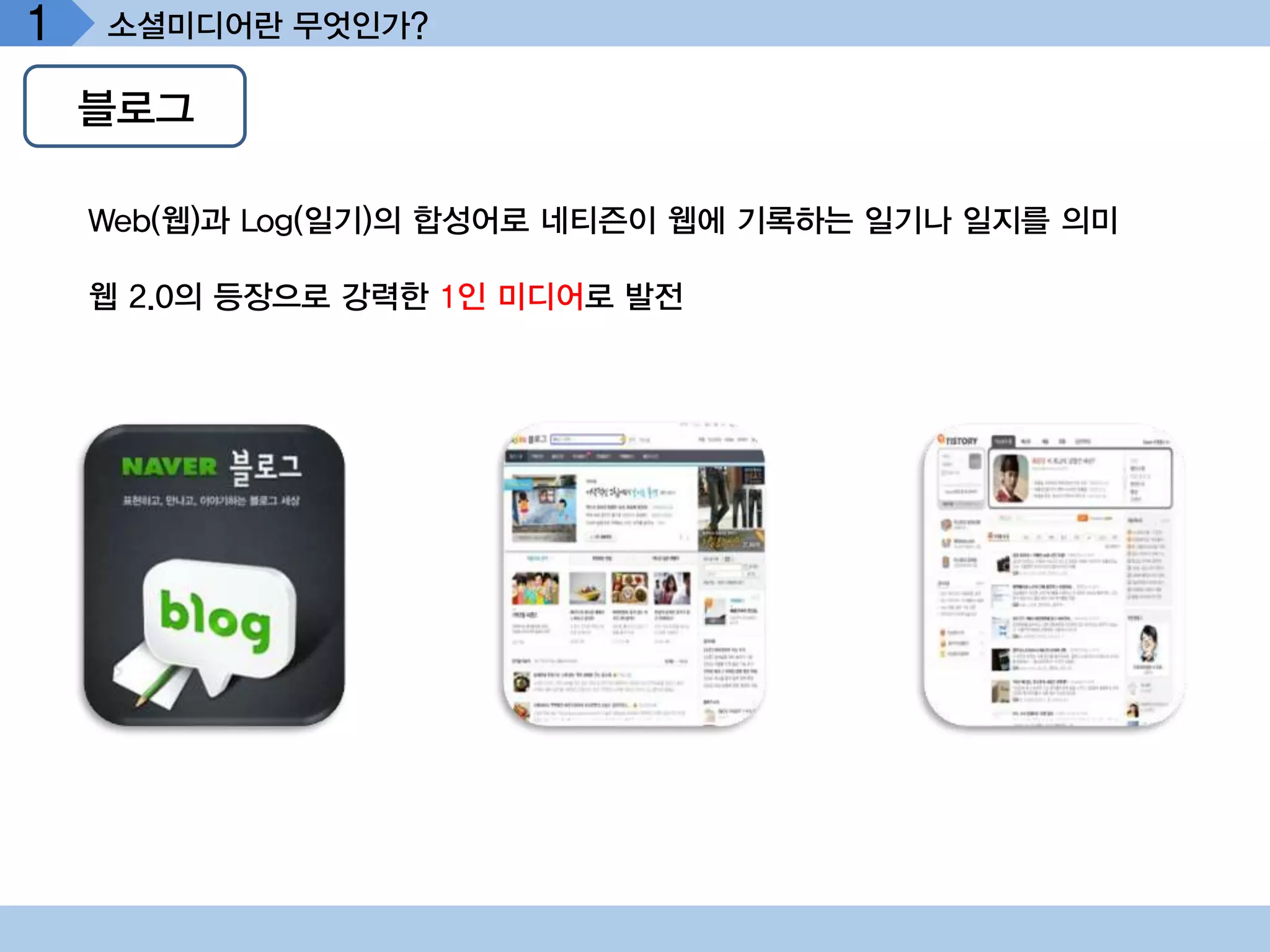 1   소셜미디어란 무엇인가?

    블로그

    Web(웹)과 Log(일기)의 합성어로 네티즌이 웹에 기록하는 일기나 일지를 의미

    웹 2.0의 등장으로 강력한 1인 미디어로 발전
 