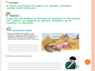 Τν κπαιάθη πνπ αθνπκπά ζηε κεκβξάλε ηνπ αξηζηεξνύ ηακπνπξίλνπ
 αλαπεδά , δειαδή ηαιαληώλεηαη .




Ο ήρνο ζηνλ αέξα δηαδίδεηαη κε ππθλώκαηα θαη αξαηώκαηα , ηα νπνία θηάλνπλ
ζηελ επηθάλεηα ηεο κεκβξάλεο ηνπ αξηζηεξνύ ηακπνπξίλνπ θαη ηελ
αλαγθάδνπλ λα ηαιαληώλεηαη.
 