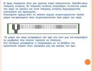 Ο ήρνο παξάγεηαη όηαλ κηα ερεηηθή πεγή ηαιαληώλεηαη , δειαδή θάλεη
παικηθέο θηλήζεηο . Οη παικηθέο θηλήζεηο αλαγθάδνπλ ηα θνληηλά κόξηα
ηνπ αέξα λα θάλνπλ θαη απηά παικηθέο θηλήζεηο, δεκηνπξγώληαο
ππθλώκαηα θαη αξαηώκαηα .
Ππθλώκαηα έρνπκε όηαλ ζε θάπνηα ζεκεία ζπγθεληξώλνληαη πνιιά
κόξηα θαη αξαηώκαηα όηαλ ζπγθεληξώλνληαη ιίγα κόξηα ηνπ αέξα.




 Τα κόξηα ηνπ αέξα κεηαθέξνπλ ηνλ ήρν ζην απηί καο θαη αλαγθάδνπλ
ηε κεκβξάλε πνπ ιέγεηαη ηύκπαλν λα πάιιεηαη .
Σηε ζπλέρεηα κεηαθέξεηαη ε πιεξνθνξία κε ηε βνήζεηα ηνπ
αθνπζηηθνύ λεύξνπ ζηνλ εγθέθαιν καο θαη αθνύκε ηνλ ήρν .
 