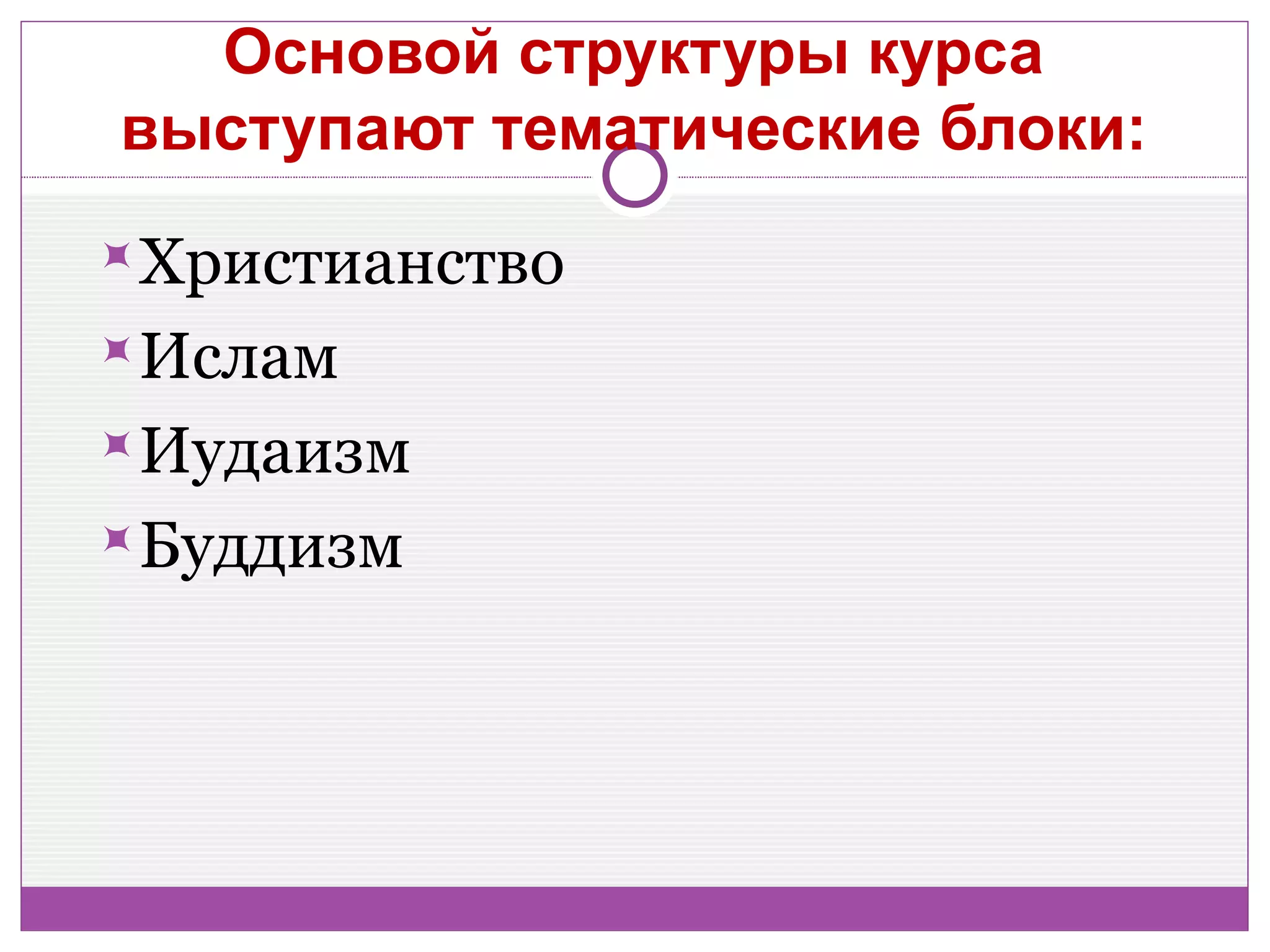 Основой структуры курса
выступают тематические блоки:
Христианство
Ислам
Иудаизм
Буддизм
 
