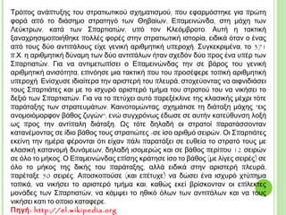 Τρόπος ανάπτυξης του στρατιωτικού σχηματισμού, που εφαρμόστηκε για πρώτη
φορά από το διάσημο στρατηγό των Θηβαίων, Επαμεινώνδα, στη μάχη των
Λεύκτρων, κατά των Σπαρτιατών, υπό τον Κλεόμβροτο. Αυτή η τακτική
ξαναχρησιμοποιήθηκε πολλές φορές στην στρατιωτική ιστορία, ειδικά όταν ο ένας
από τους δύο αντιπάλους είχε γενική αριθμητική υπεροχή. Συγκεκριμένα, το 371
π.Χ. η αριθμητική δύναμη των δύο αντιπάλων ήταν σχεδόν δύο προς ένα υπέρ των
Σπαρτιατών. Για να αντιμετωπίσει ο Επαμεινώνδας την σε βάρος του γενική
αριθμητική ανισότητα, επινόησε μια τακτική που του προσέφερε τοπική αριθμητική
υπεροχή. Ενίσχυσε ιδιαίτερα την αριστερή του πλευρά, στοχεύοντας να αιφνιδιάσει
τους Σπαρτιάτες και με το ισχυρό αριστερό τμήμα του στρατού του να νικήσει το
δεξιό των Σπαρτιατών. Για να το πετύχει αυτό παρεξέκλινε της κλασικής μέχρι τότε
παράταξης των στρατευμάτων. Καινοτομώντας, σχημάτισε τη διάταξη μάχης "εις
ανομοιόμορφον βάθος ζυγών", ενώ συγχρόνως έδωσε σε αυτήν κατεύθυνση λοξή
ως προς την αντίπαλη διάταξη. Ως τότε δηλαδή οι στρατοί παρατάσσονταν
κατανέμοντας σε ίδιο βάθος τους στρατιώτες -σε ίσο αριθμό σειρών. Οι Σπαρτιάτες
εκείνη την ημέρα φέρονται ότι είχαν πάλι παρατάξει σε ευθεία το στρατό τους με
κλασική κατανομή δυνάμεων, δηλαδή ισομερώς και σε βάθος περίπου 12 σειρών σε
όλο το μήκος. Ο Επαμεινώνδας επίσης κράτησε ίσο το βάθος (με λίγες σειρές) σε όλο
το μήκος της δικής του παράταξης, αλλά ειδικά στην αριστερή πλευρά, παρέταξε 50
σειρές. Αποσκοπούσε (και επέτυχε) να δώσει ένα ισχυρό χτύπημα τοπικά, να νικήσει
το αριστερό τμήμα και, καθώς εκεί βρίσκονταν οι επίλεκτες μονάδες των
Σπαρτιατών, να κάμψει το ηθικό όλων των αντιπάλων και να τους νικήσει κατι το
οποίο κατάφερε.
Πηγή: http://el.wikipedia.org
 