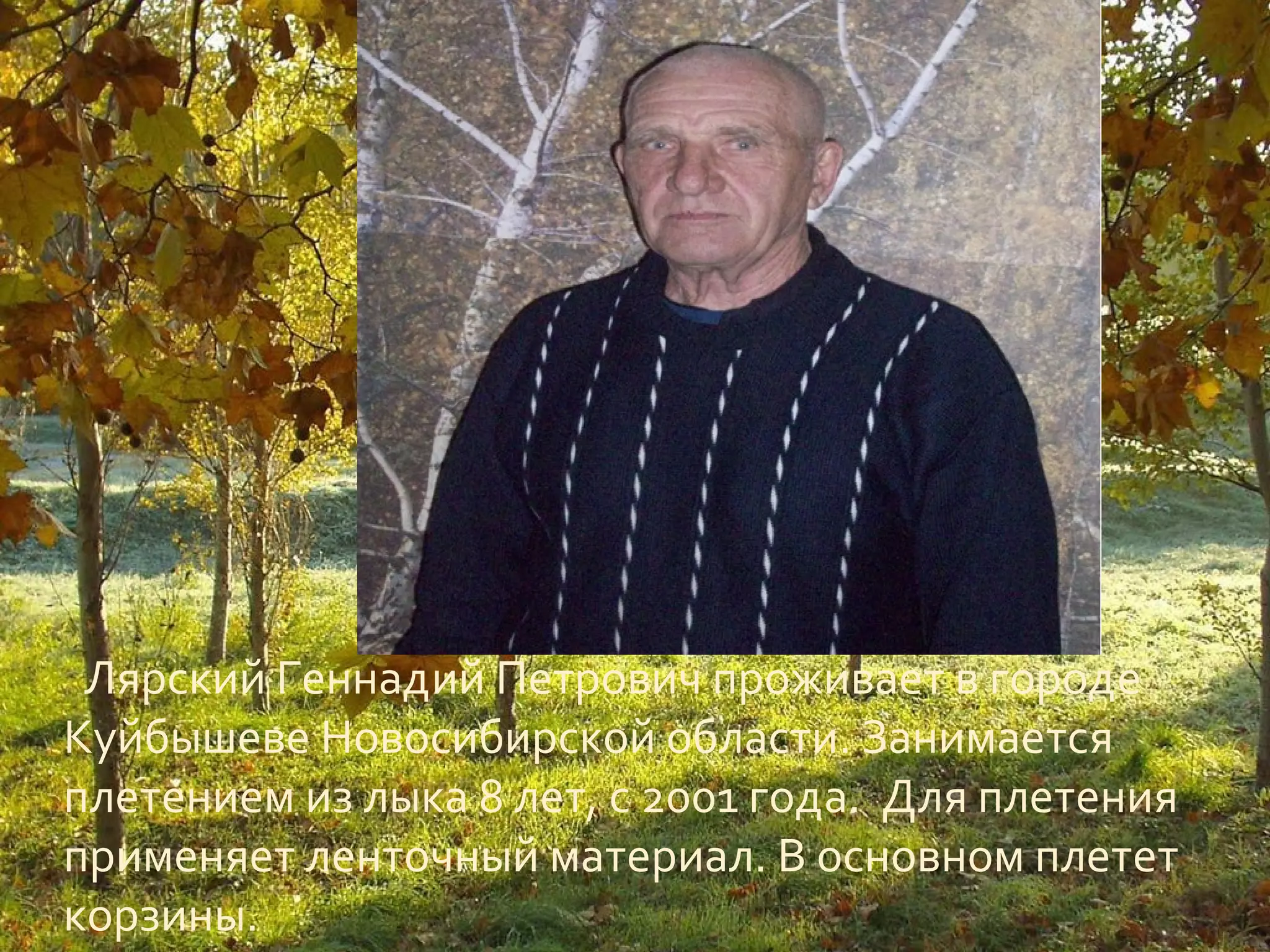 Лярский Геннадий Петрович проживает в городе
Куйбышеве Новосибирской области. Занимается
плетением из лыка 8 лет, с 2001 года. Для плетения
применяет ленточный материал. В основном плетет
корзины.
 
