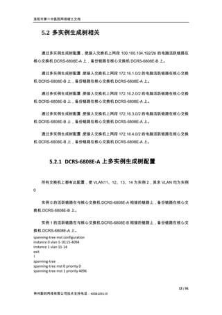 洛阳市第二中医院网络竣工文档



    5.2 多实例生成树相关


    通过多实例生成树配置，使接入交换机上网段 100.100.104.192/26 的电脑活跃链路在
核心交换机 DCRS-6808E-A 上，备份链路在核心交换机 DCRS-6808E-B 上。


    通过多实例生成树配置，
              使接入交换机上网段 172.16.1.0/2 的电脑活跃链路在核心交换
机 DCRS-6808E-B 上，备份链路在核心交换机 DCRS-6808E-A 上。


    通过多实例生成树配置，
              使接入交换机上网段 172.16.2.0/2 的电脑活跃链路在核心交换
机 DCRS-6808E-B 上，备份链路在核心交换机 DCRS-6808E-A 上。


    通过多实例生成树配置，
              使接入交换机上网段 172.16.3.0/2 的电脑活跃链路在核心交换

机 DCRS-6808E-B 上，备份链路在核心交换机 DCRS-6808E-A 上。


    通过多实例生成树配置，
              使接入交换机上网段 172.16.4.0/2 的电脑活跃链路在核心交换
机 DCRS-6808E-B 上，备份链路在核心交换机 DCRS-6808E-A 上。




         5.2.1 DCRS-6808E-A 上多实例生成树配置


    所有交换机上都有此配置，使 VLAN11、12、13、14 为实例 2，其余 VLAN 均为实例
0


    实例 0 的活跃链路在与核心交换机 DCRS-6808E-A 相接的链路上，备份链路在核心交

换机 DCRS-6808E-B 上。


    实例 1 的活跃链路在与核心交换机 DCRS-6808E-B 相接的链路上，备份链路在核心交
换机 DCRS-6808E-A 上。
spanning-tree mst configuration
instance 0 vlan 1-10;15-4094
instance 1 vlan 11-14
exit
!
spanning-tree
spanning-tree mst 0 priority 0
spanning-tree mst 1 priority 4096



                                                  12 / 91
神州数码网络有限公司技术支持电话：4008109119
 