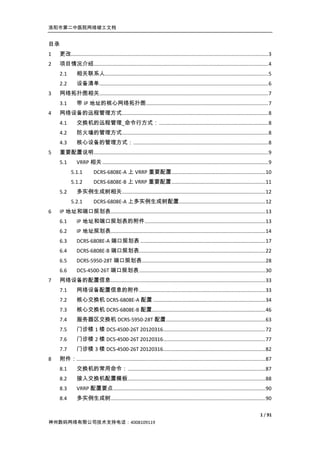 洛阳市第二中医院网络竣工文档


目录
1   更改........................................................................................................................................... 3
2   项目情况介绍........................................................................................................................... 4
    2.1        相关联系人................................................................................................................... 5
    2.2        设备清单....................................................................................................................... 6
3   网络拓扑图相关....................................................................................................................... 7
    3.1        带 IP 地址的核心网络拓扑图 ...................................................................................... 7
4   网络设备的远程管理方式 ....................................................................................................... 8
    4.1        交换机的远程管理_命令行方式： ............................................................................. 8
    4.2        防火墙的管理方式 ....................................................................................................... 8
    4.3        核心设备的管理方式： ............................................................................................... 8
5   重要配置说明........................................................................................................................... 9
    5.1        VRRP 相关 ..................................................................................................................... 9
           5.1.1          DCRS-6808E-A 上 VRRP 重要配置 .................................................................. 10
           5.1.2          DCRS-6808E-B 上 VRRP 重要配置 .................................................................. 11
    5.2        多实例生成树相关 ..................................................................................................... 12
           5.2.1          DCRS-6808E-A 上多实例生成树配置............................................................. 12
6   IP 地址和端口规划表............................................................................................................. 13
    6.1        IP 地址和端口规划表的附件 ..................................................................................... 13
    6.2        IP 地址规划表............................................................................................................. 14
    6.3        DCRS-6808E-A 端口规划表 ........................................................................................ 17
    6.4        DCRS-6808E-B 端口规划表......................................................................................... 22
    6.5        DCRS-5950-28T 端口规划表....................................................................................... 28
    6.6        DCS-4500-26T 端口规划表 ......................................................................................... 30
7   网络设备的配置信息............................................................................................................. 33
    7.1        网络设备配置信息的附件 ......................................................................................... 33
    7.2        核心交换机 DCRS-6808E-A 配置 ............................................................................... 34
    7.3        核心交换机 DCRS-6808E-B 配置................................................................................ 46
    7.4        服务器区交换机 DCRS-5950-28T 配置 ...................................................................... 63
    7.5        门诊楼 1 楼 DCS-4500-26T 20120316 ........................................................................ 72
    7.6        门诊楼 2 楼 DCS-4500-26T 20120316 ........................................................................ 77
    7.7        门诊楼 3 楼 DCS-4500-26T 20120316 ........................................................................ 82
8   附件：..................................................................................................................................... 87
    8.1        交换机的常用命令： ................................................................................................. 87
    8.2        接入交换机配置模板 ................................................................................................. 88
    8.3        VRRP 配置要点 ........................................................................................................... 90
    8.4        多实例生成树............................................................................................................. 90

                                                                                                                                           1 / 91
神州数码网络有限公司技术支持电话：4008109119
 