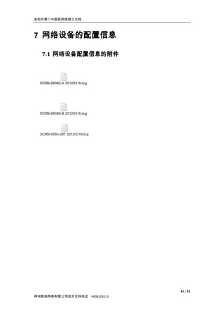洛阳市第二中医院网络竣工文档




7 网络设备的配置信息

  7.1 网络设备配置信息的附件



  DCRS-6808E-A 20120316.lo g




  DCRS-6808E-B 20120316.lo g




  DCRS-5950-28T 20120316.lo g




                                33 / 91
神州数码网络有限公司技术支持电话：4008109119
 