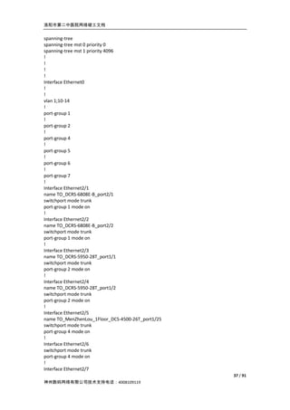 洛阳市第二中医院网络竣工文档


spanning-tree
spanning-tree mst 0 priority 0
spanning-tree mst 1 priority 4096
!
!
!
!
Interface Ethernet0
!
!
vlan 1;10-14
!
port-group 1
!
port-group 2
!
port-group 4
!
port-group 5
!
port-group 6
!
port-group 7
!
Interface Ethernet2/1
name TO_DCRS-6808E-B_port2/1
switchport mode trunk
port-group 1 mode on
!
Interface Ethernet2/2
name TO_DCRS-6808E-B_port2/2
switchport mode trunk
port-group 1 mode on
!
Interface Ethernet2/3
name TO_DCRS-5950-28T_port1/1
switchport mode trunk
port-group 2 mode on
!
Interface Ethernet2/4
name TO_DCRS-5950-28T_port1/2
switchport mode trunk
port-group 2 mode on
!
Interface Ethernet2/5
name TO_MenZhenLou_1Floor_DCS-4500-26T_port1/25
switchport mode trunk
port-group 4 mode on
!
Interface Ethernet2/6
switchport mode trunk
port-group 4 mode on
!
Interface Ethernet2/7
                                                  37 / 91
神州数码网络有限公司技术支持电话：4008109119
 