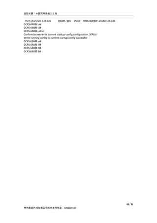 洛阳市第二中医院网络竣工文档


 Port-Channel6 128.646        10000 FWD DSGN 4096.00030f1a5b40 128.646
DCRS-6808E-A#
DCRS-6808E-A#
DCRS-6808E-A#wr
Confirm to overwrite current startup-config configuration [Y/N]:y
Write running-config to current startup-config successful
DCRS-6808E-A#
DCRS-6808E-B#
DCRS-6808E-B#
DCRS-6808E-B#




                                                                         45 / 91
神州数码网络有限公司技术支持电话：4008109119
 