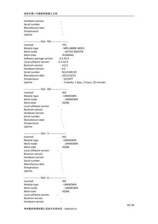 洛阳市第二中医院网络竣工文档


Hardware version                      :
Serial number                         :
Manufacture date                       :
Temperature                                :
Uptime                                         :

--------------------Slot : M1--------------------
Inserted                                 : YES
Module type                               : MRS-6808E-M(R2)
Work mode                                    : ACTIVE MASTER
Work state                               : RUNNING
Software package version             : 6.2.42.0
Local software version              : 6.2.42.0
Bootrom version                         : 4.0.2
Hardware version                        : 4.0
Serial number                           : N114100139
Manufacture date                         : 2011/10/15
Temperature                                : 31C/87F
Uptime                                      : 0 weeks, 1 days, 2 hours, 35 minutes

--------------------Slot : M2--------------------
Inserted                                 : NO
Module type                                : UNKNOWN
Work mode                                     : UNKNOWN
Work state                               : NONE
Local software version              :
Bootrom version                         :
Hardware version                        :
Serial number                           :
Manufacture date                         :
Temperature                                :
Uptime                                       :

--------------------Slot : 5--------------------
Inserted                                   : NO
Module type                                  : UNKNOWN
Work mode                                       : UNKNOWN
Work state                                 : NONE
Local software version                :
Bootrom version                           :
Hardware version                          :
Serial number                             :
Manufacture date                           :
Temperature                                  :
Uptime                                         :

--------------------Slot : 6--------------------
Inserted                                   : NO
Module type                                 : UNKNOWN
Work mode                                     : UNKNOWN
Work state                                 : NONE
Local software version                :
Bootrom version                           :
Hardware version                          :
                                                                                     47 / 91
神州数码网络有限公司技术支持电话：4008109119
 