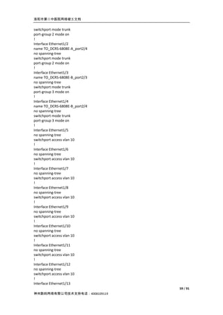 洛阳市第二中医院网络竣工文档


switchport mode trunk
port-group 2 mode on
!
Interface Ethernet1/2
name TO_DCRS-6808E-A_port2/4
no spanning-tree
switchport mode trunk
port-group 2 mode on
!
Interface Ethernet1/3
name TO_DCRS-6808E-B_port2/3
no spanning-tree
switchport mode trunk
port-group 3 mode on
!
Interface Ethernet1/4
name TO_DCRS-6808E-B_port2/4
no spanning-tree
switchport mode trunk
port-group 3 mode on
!
Interface Ethernet1/5
no spanning-tree
switchport access vlan 10
!
Interface Ethernet1/6
no spanning-tree
switchport access vlan 10
!
Interface Ethernet1/7
no spanning-tree
switchport access vlan 10
!
Interface Ethernet1/8
no spanning-tree
switchport access vlan 10
!
Interface Ethernet1/9
no spanning-tree
switchport access vlan 10
!
Interface Ethernet1/10
no spanning-tree
switchport access vlan 10
!
Interface Ethernet1/11
no spanning-tree
switchport access vlan 10
!
Interface Ethernet1/12
no spanning-tree
switchport access vlan 10
!
Interface Ethernet1/13
                               59 / 91
神州数码网络有限公司技术支持电话：4008109119
 