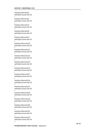 洛阳市第二中医院网络竣工文档


Interface Ethernet1/5
switchport access vlan 10
!
Interface Ethernet1/6
switchport access vlan 10
!
Interface Ethernet1/7
switchport access vlan 10
!
Interface Ethernet1/8
switchport access vlan 10
!
Interface Ethernet1/9
switchport access vlan 10
!
Interface Ethernet1/10
switchport access vlan 10
!
Interface Ethernet1/11
switchport access vlan 10
!
Interface Ethernet1/12
switchport access vlan 10
!
Interface Ethernet1/13
switchport access vlan 10
!
Interface Ethernet1/14
switchport access vlan 10
!
Interface Ethernet1/15
switchport access vlan 10
!
Interface Ethernet1/16
switchport access vlan 10
!
Interface Ethernet1/17
switchport access vlan 10
!
Interface Ethernet1/18
switchport access vlan 10
!
Interface Ethernet1/19
switchport access vlan 10
!
Interface Ethernet1/20
switchport access vlan 10
!
Interface Ethernet1/21
switchport access vlan 10
!
Interface Ethernet1/22
switchport access vlan 10
!
                              69 / 91
神州数码网络有限公司技术支持电话：4008109119
 