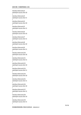 洛阳市第二中医院网络竣工文档


Interface Ethernet1/2
switchport access vlan 10
!
Interface Ethernet1/3
switchport access vlan 11
!
Interface Ethernet1/4
switchport access vlan 10
!
Interface Ethernet1/5
switchport access vlan 11
!
Interface Ethernet1/6
switchport access vlan 10
!
Interface Ethernet1/7
switchport access vlan 11
!
Interface Ethernet1/8
switchport access vlan 10
!
Interface Ethernet1/9
switchport access vlan 11
!
Interface Ethernet1/10
switchport access vlan 10
!
Interface Ethernet1/11
switchport access vlan 11
!
Interface Ethernet1/12
switchport access vlan 10
!
Interface Ethernet1/13
switchport access vlan 11
!
Interface Ethernet1/14
switchport access vlan 10
!
Interface Ethernet1/15
switchport access vlan 11
!
Interface Ethernet1/16
switchport access vlan 10
!
Interface Ethernet1/17
switchport access vlan 11
!
Interface Ethernet1/18
switchport access vlan 10
!
Interface Ethernet1/19
switchport access vlan 11
!
                              73 / 91
神州数码网络有限公司技术支持电话：4008109119
 
