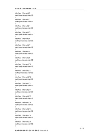 洛阳市第二中医院网络竣工文档


Interface Ethernet1/2
switchport access vlan 10
!
Interface Ethernet1/3
switchport access vlan 12
!
Interface Ethernet1/4
switchport access vlan 10
!
Interface Ethernet1/5
switchport access vlan 12
!
Interface Ethernet1/6
switchport access vlan 10
!
Interface Ethernet1/7
switchport access vlan 12
!
Interface Ethernet1/8
switchport access vlan 10
!
Interface Ethernet1/9
switchport access vlan 12
!
Interface Ethernet1/10
switchport access vlan 10
!
Interface Ethernet1/11
switchport access vlan 12
!
Interface Ethernet1/12
switchport access vlan 10
!
Interface Ethernet1/13
switchport access vlan 12
!
Interface Ethernet1/14
switchport access vlan 10
!
Interface Ethernet1/15
switchport access vlan 12
!
Interface Ethernet1/16
switchport access vlan 10
!
Interface Ethernet1/17
switchport access vlan 12
!
Interface Ethernet1/18
switchport access vlan 10
!
Interface Ethernet1/19
switchport access vlan 12
!
                              78 / 91
神州数码网络有限公司技术支持电话：4008109119
 