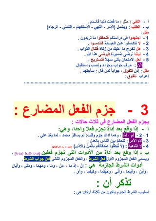 ‫%ت ذ . ــدم .‬
                                                           ‫َ‬                     ‫: *ل :‬         ‫أ - ا‬
                         ‫- ا ر> ء(‬        ‫ب - ا ط%ب : و & ل )ا8 ر - ا ; - ا $ ; م - ا $‬
                                                                                                 ‫*ل :‬
                                                 ‫1 - ا>$;دوا درا $5م $ وا $ر دون .‬
                                                         ‫2 - $$5 %وا ـن ا ــ دة $ د ــوا .‬
                                                 ‫% ك ن ز5 ة $ ل ا *واب .‬              ‫3 - ھل $1رج‬
                                                      ‫‪.O‬‬              ‫ر ر‬                ‫4- $ ر‬
                                                         ‫5 - ل ا $ ن .$ ;?ً $ر # .‬
                                                ‫إذن : رف >واب و>زاء و (ب وا $ ل‬
                                                   ‫*ل : إذن $$ وق ، >وا ً ن ل : .>$;د .‬
                                                                                    ‫إ راب $$ وق :‬
        ‫...............................................................................................‬




 ‫رع :‬                                  ‫3 - >زم ا ل ا‬
                                         ‫ت:‬      ‫رع *?ث‬       ‫>زم ا ل ا‬
                                    ‫أ - إذا و ‪ L‬د أداة $>زم ? وا دا، وھ :‬
                  ‫ُ دْ % .‬           ‫د،‬          ‫ر‬
                                                 ‫ْ‬      ‫1 ، 2 - م ، ّ ، وھ أدا$ >زم و %ب: م‬
                                                            ‫3 - م ا8 ر : $ 5م ن ا س دل .‬
                                                                                      ‫ْ‬
                             ‫رة : ن ا@ +462( .‬   ‫ا ھ + : ) َ $ ْ طِ %ُوا (د َ $5م ِ ْ َ ن‪ A‬وا8ذى( )ا‬
                                                      ‫َ َ‬            ‫ْ ََ ُِ‬            ‫ُ‬            ‫4-‬
‫ب - إذا و ‪ L‬د أداة ن ا8دوات ا $ $>زم % ن ]أدوات ا &رط ا > ز +[ ،‬
         ‫ل >واب ا &رط .‬          ‫ا ل ا >زوم ا8ول ل ا &رط ، وا ل ا >زوم ا *‬                       ‫و‬
 ‫أدوات ا &رط ا > ز + ھ : إنْ ، إذ ، َ نْ ، و َ ، و َ ; َ ، و َ $ ، وأ ‪ H‬نَ‬
            ‫َ‬         ‫ْ‬
                                           ‫، وأَ ْ نَ ، وأ ْ َ ، وأَ ‪ ، H‬و َ ْ * ، و5 ْ َ ، وأَي .‬
                                             ‫ّ‬               ‫ُ‬


                                                                  ‫$ذ5ر أن :‬
                                                     ‫أ %وب ا &رط ا > زم $5ون ن *?*+ أر5 ن ھ :‬
 