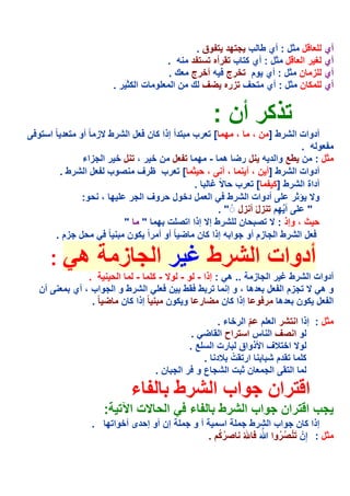 ‫*ل : أي ط ب >$;د $ وق .‬        ‫% ل‬   ‫أي‬
                                 ‫ل *ل : أي 5$ ب $ رأه $ $ د ' .‬      ‫‪F‬را‬   ‫أي‬
                                 ‫*ل : أي وم $1رج ' أ1رج ك .‬         ‫%ز ن‬   ‫أي‬
                   ‫*ل : أي $ ف $زره ف ك ن ا %و ت ا 5* ر .‬           ‫% 5ن‬   ‫أي‬


                                             ‫$ذ5ر أن :‬
‫، ; [ $ رب $دأ إذا 5 ن ل ا &رط ز ً أو $ د ً ا $و‬         ‫أدوات ا &رط ] ن ،‬
                                                                        ‫و' .‬
            ‫*ل : ن ط‪ L‬وا د ' ل ر ھ - ; $ ل ن 1 ر ، $ ل 1 ر ا >زاء‬
      ‫أدوات ا &رط ]أ ن ، أ ، أ ، * [ $ رب ظرف (وب ل ا &رط .‬
                                       ‫ً- .‬         ‫أداة ا &رط ]5 [ $ رب‬
            ‫و ؤ*ر % أدوات ا &رط ا ل د1ول روف ا >ر % ; ، و:‬
                                              ‫" % أ ‪; A‬م $ زلْ أ زل ◌ْ " .‬
                                                                 ‫ِ‬
                       ‫ث ، وإذ : $( ن %&رط إ إذا ا$(%ت ; " "‬
     ‫ل >زم .‬       ‫ً‬    ‫ً أو أ راً 5ون‬  ‫ل ا &رط ا > زم أو >وا ' إذا 5 ن‬

     ‫:‬    ‫أدوات ا &رط - ر ا > ز + ھ‬
             ‫+ .‬     ‫أدوات ا &رط - ر ا > ز + .. ھ : إذا - و - و - 5% - ا‬
‫أن‬       ‫$>زم ا ل دھ ، و إ $ر ط ط ن % ا &رط و ا >واب ، أي‬           ‫وھ‬
              ‫ً.‬      ‫ً إذا 5 ن‬ ‫ر و 5ون‬    ‫ا ل 5ون دھ ر و إذا 5 ن‬
                                              ‫*ل : إذا ا $&ر ا %م م ا ر1 ء .‬
                                                       ‫ّ‬
                                        ‫.‬      ‫و ا (ف ا س ا $راح ا‬
                                       ‫و ا1$?ف ا8ذواق رت ا %‪. L‬‬
                                                   ‫ْ‬
                                           ‫ار$ ت ?د .‬      ‫5% $ دم &‬
                              ‫ا $ ا > ن * ت ا &> ع و ر ا > ن .‬

                        ‫ء‬            ‫ا $ران >واب ا &رط‬
                  ‫ت ا@$ +:‬       ‫ا‬     ‫ء‬       ‫>ب ا $ران >واب ا &رط‬
              ‫.‬   ‫إذا 5 ن >واب ا &رط > %+ ا + أ و > %+ إن أو إ دى أ1وا$;‬
                                                ‫ُ ُ‬     ‫‪َH‬‬
                                             ‫*ل : إِنْ $ ْ (روا ‪( ُ] O‬ر5م .‬
                                                             ‫َ ُ ُ‬
 