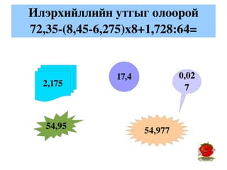 Илэрхийллийн утгыг олоорой
72,35­(8,45­6,275)х8+1,728:64=


               17,4            0,02
  2,175                         7



   54,95              54,977
 